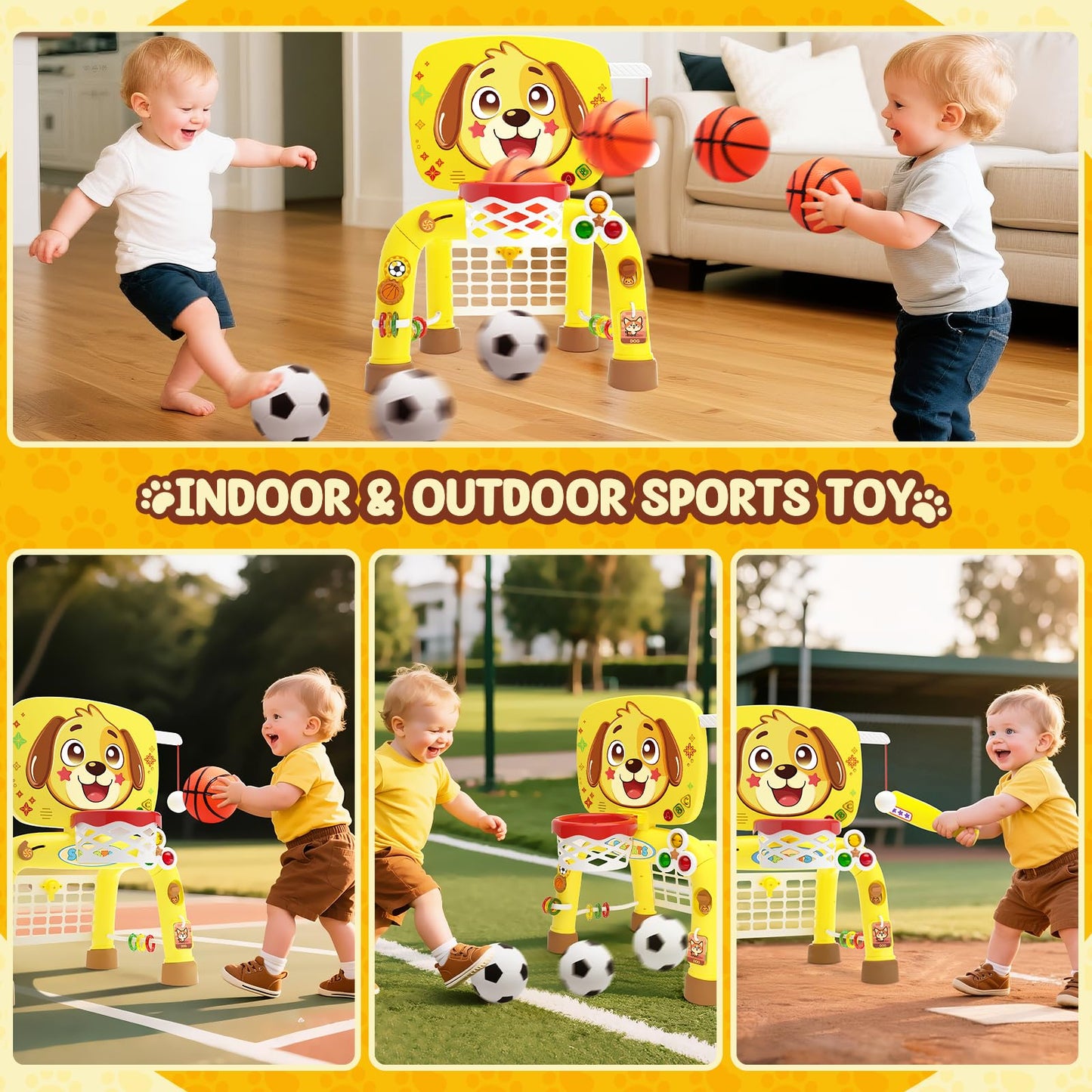 Toys for 1 Year Old Boy - Toddler Basketball Hoop & Soccer Goal & Baseball Activity Center with Light Sound Music, Puppy Montessori Sports Toy, Christmas Birthday Gift for Baby 12-18 Months, Yellow