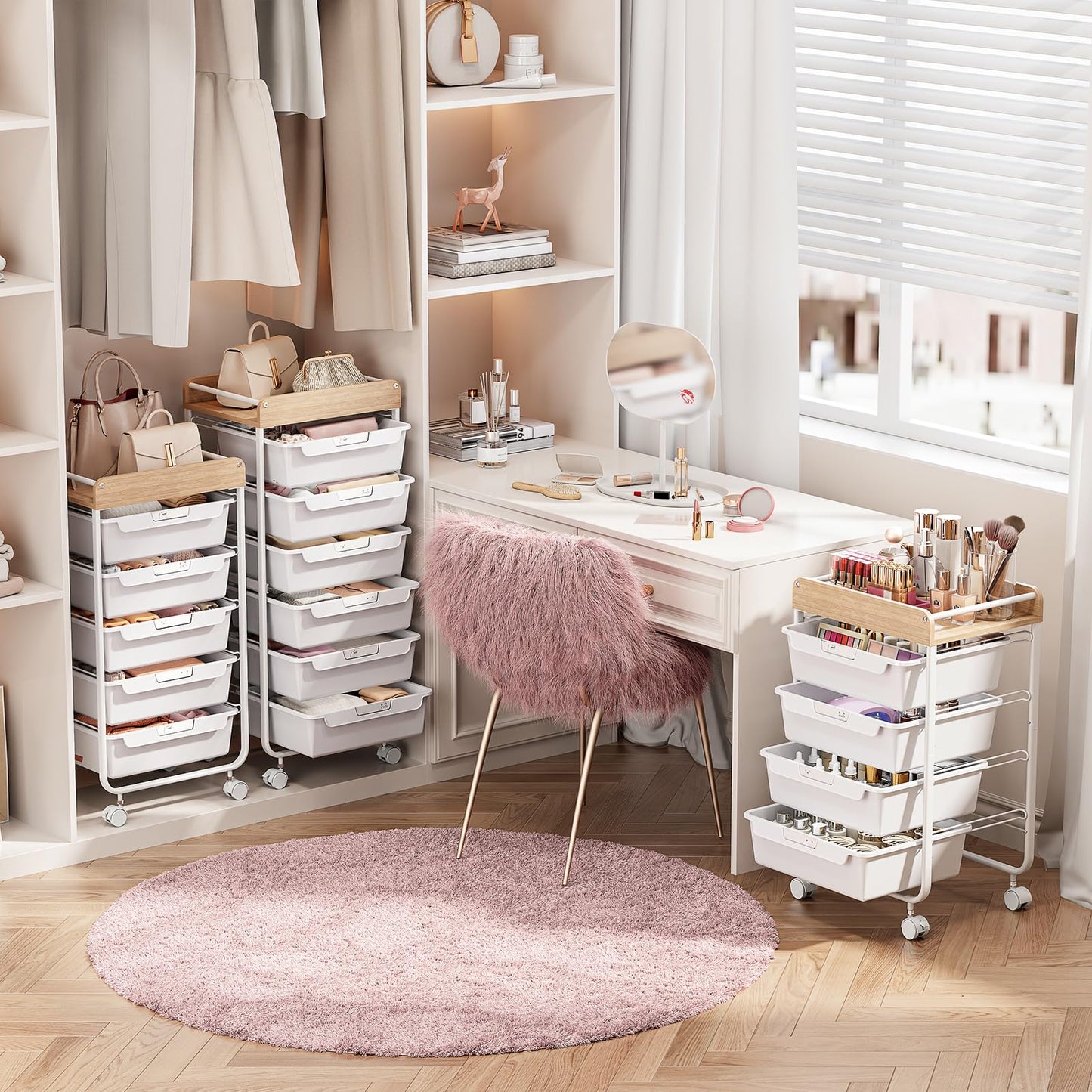 SYKIARIOL Rolling Cart with 5 Drawers,Art Craft Cart,Storage Utility Cart with Wheels,Makeup Organizer with Wooden Tabletop,White