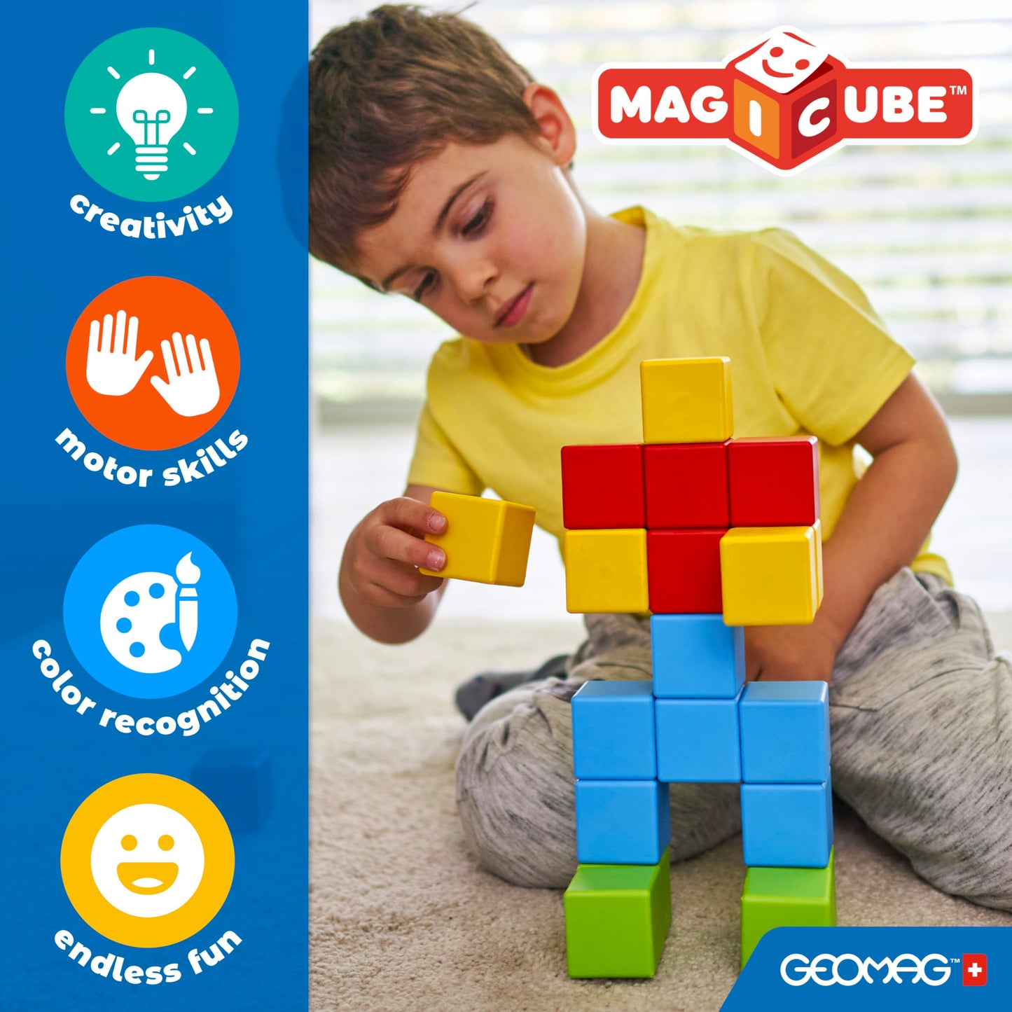 GEOMAG Magnetic Toys | Magnets for Kids | 13 Pieces | Magicube Shapes Wheels Set | Early Learning STEM Educational Building Blocks | Recycled Plastic | Ages 1-5