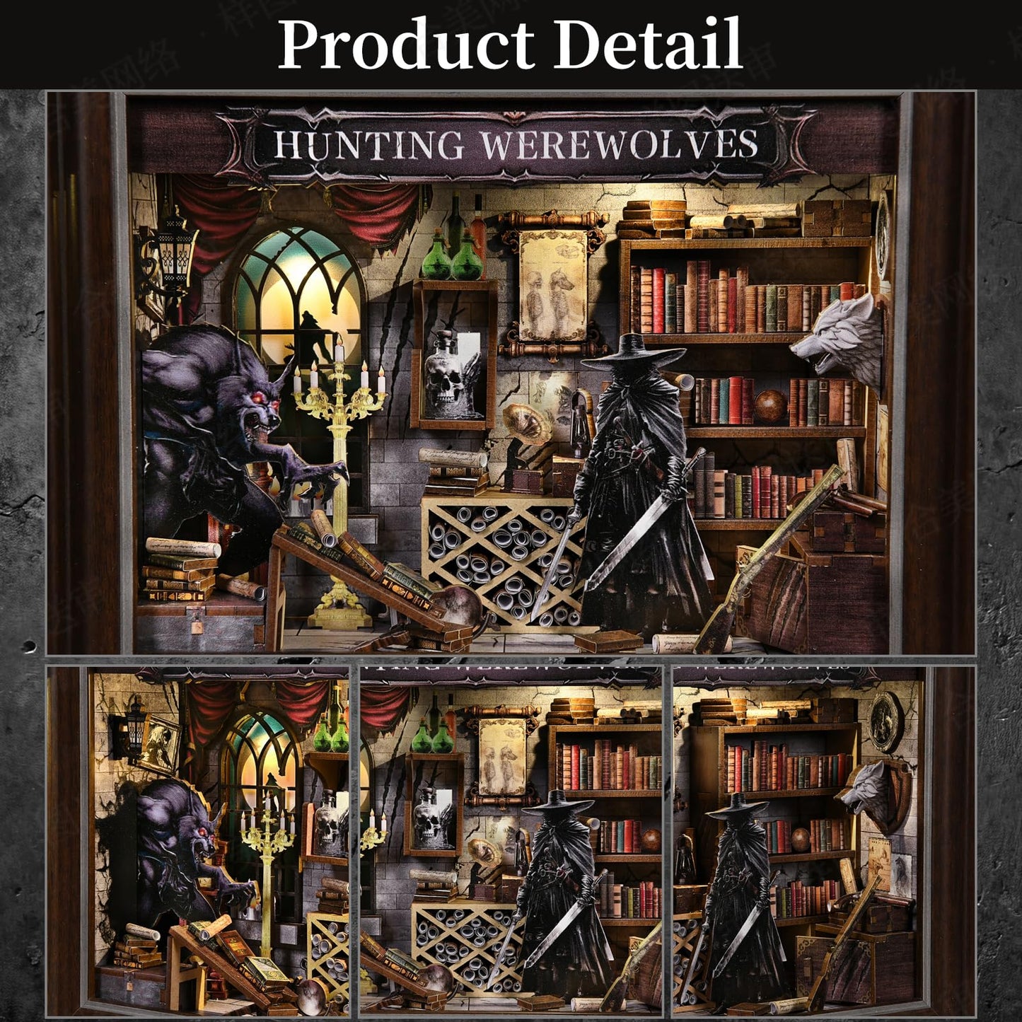 Book Nook Kit-3D Wooden Puzzle with LED Switch Control & Wall-Mountable Frame,DIY Miniature House for Beginners,Bookshelf/Tabletop/Wall Decor for Craft Lovers,Dollhouse Gift,Hunting Werewolves