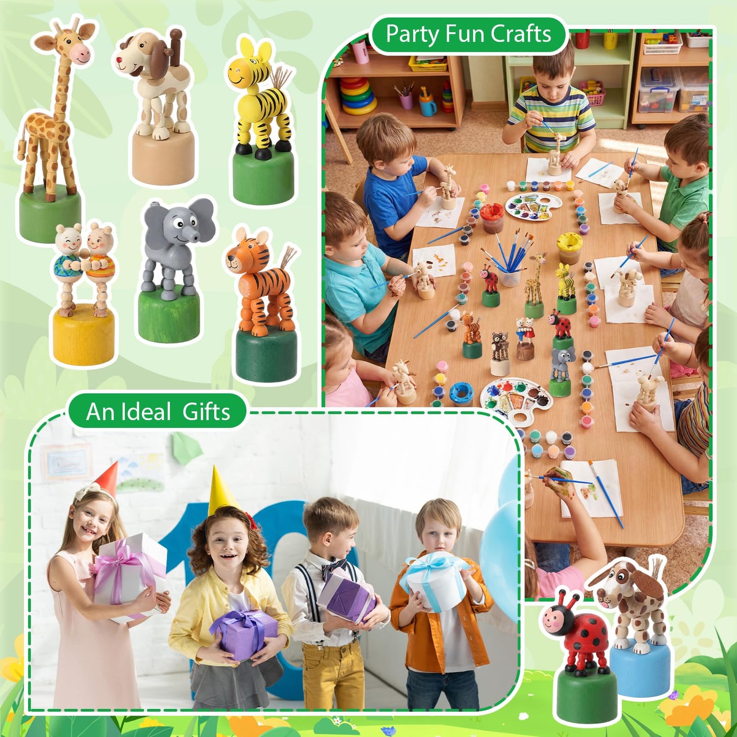 DoubleFill 16 Pcs Painting Craft Kits for Kids Unfinished Wood Animals Figures Crafts with 3 Set Paints 2 Pcs Brushes DIY Arts and Crafts for Boys and Girls Spring Gifts for Painting Party Favors