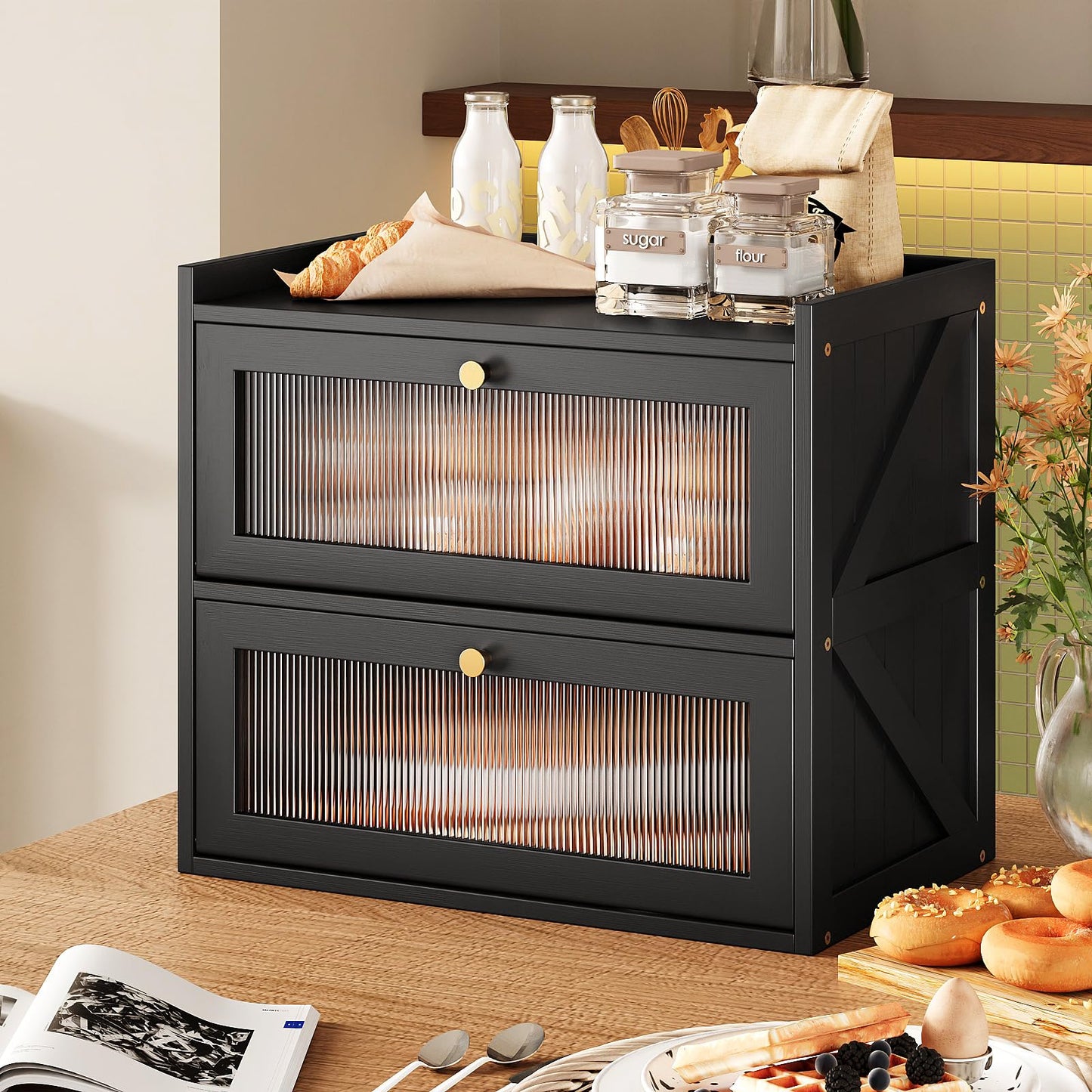 Trironsun Double Layer Bread Box for Kitchen Counter Black Bread Storage Container with Acrylic Door Large Farmhouse Breadbox Organizer Bread Holder (Black)