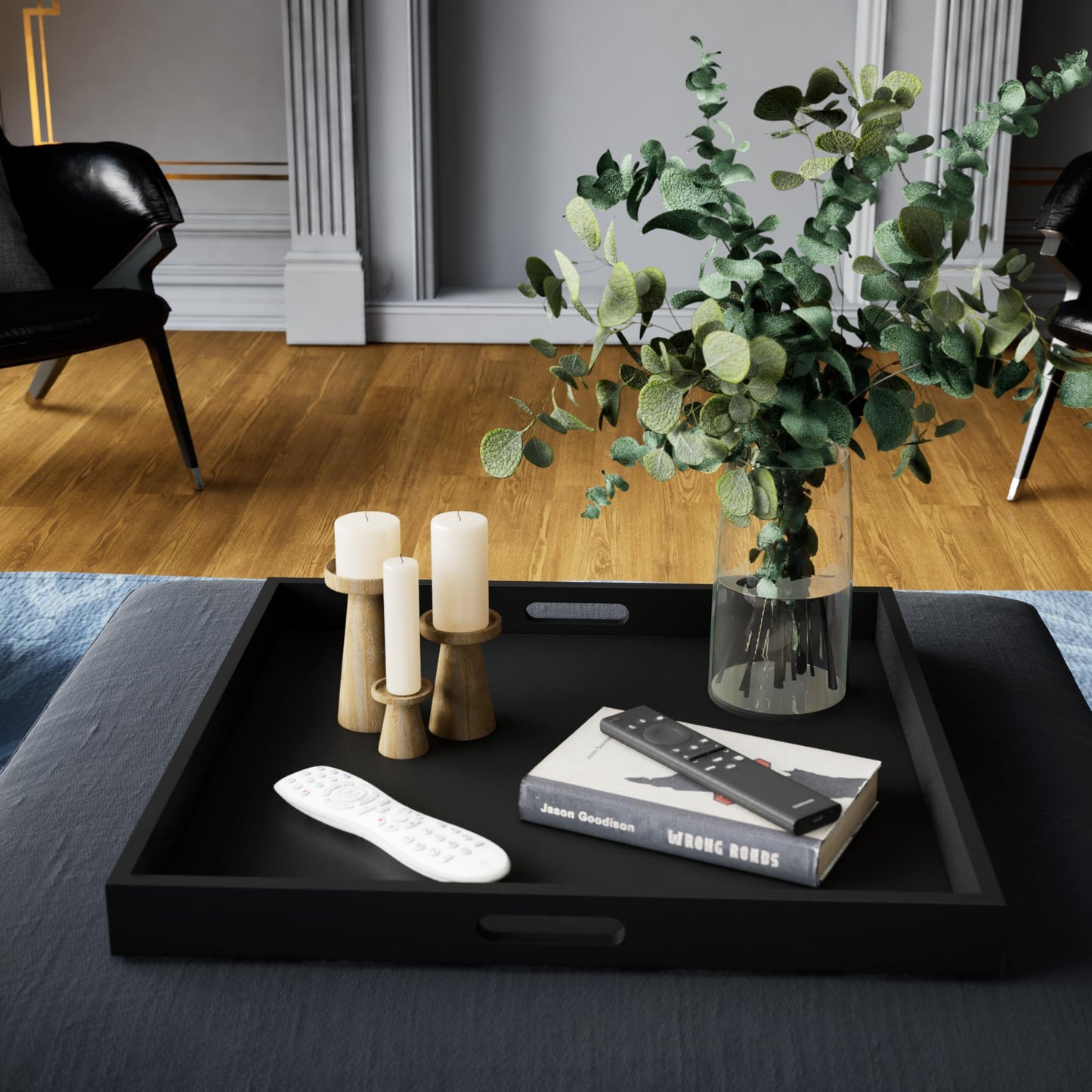 Hanobe Ottoman Tray for Living Room: Modern Extra Large Black Serving Decorative Trays with Cutout Handles for Coffee Table Home Decor, 20"