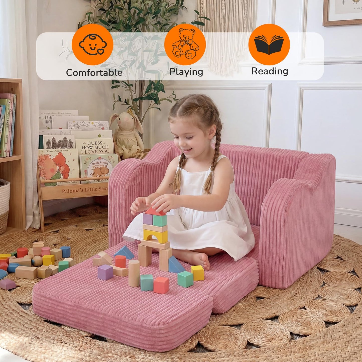 MeMoreCool Corduroy Pink Kids Chair, 2-in-1 Kids Couch Fold Out to Recliner for Girls, Comfy Foam Sofa for Ages 3+ with Washable Cover for Playroom and Bedroom