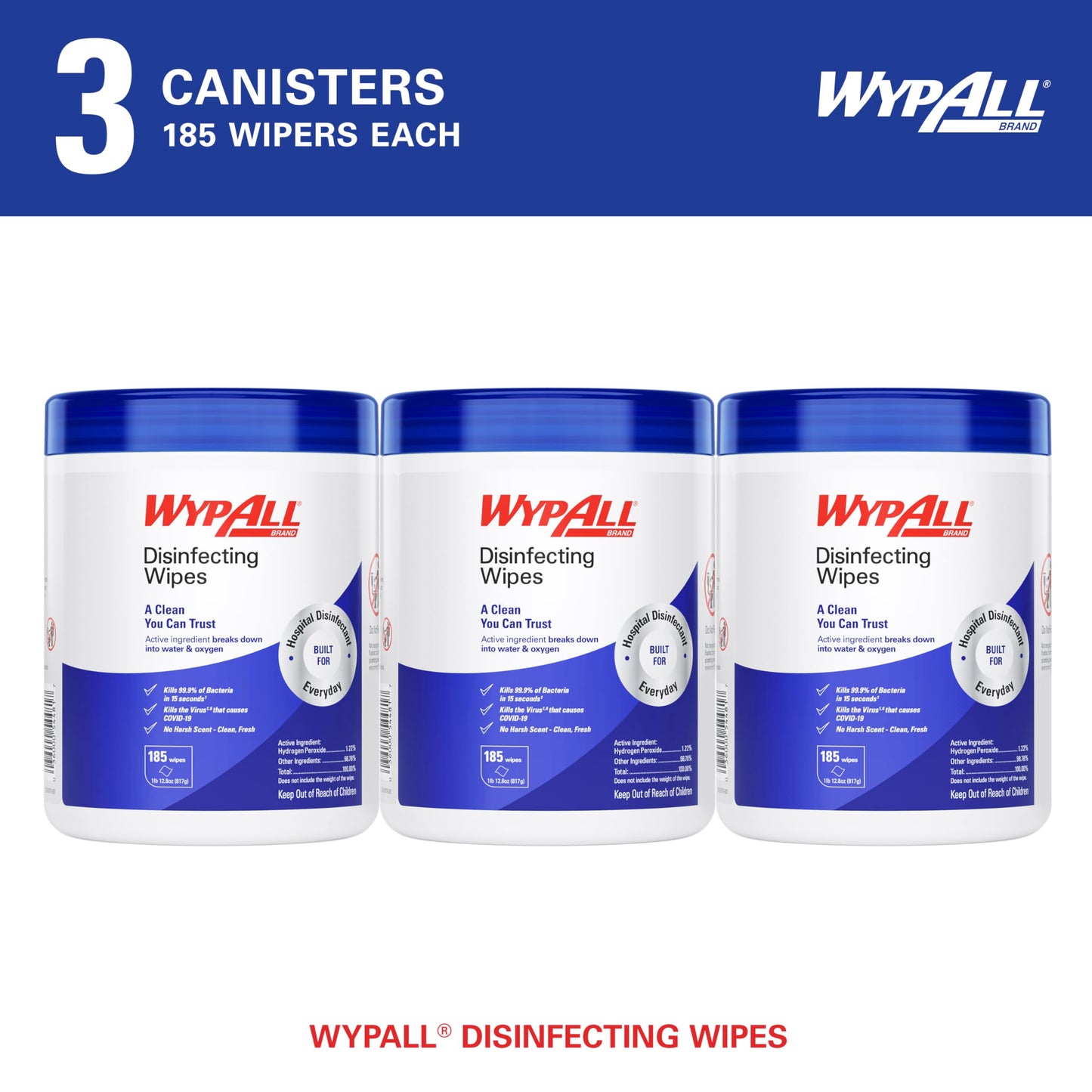 WypAll® Brand Disinfecting Wipes (54481), Hydrogen Peroxide Disinfectant Cleaner for Commercial, Industrial & Healthcare, 5.75"x7" Wipes, Fresh Scent (3 Canisters of 185 Sheets)