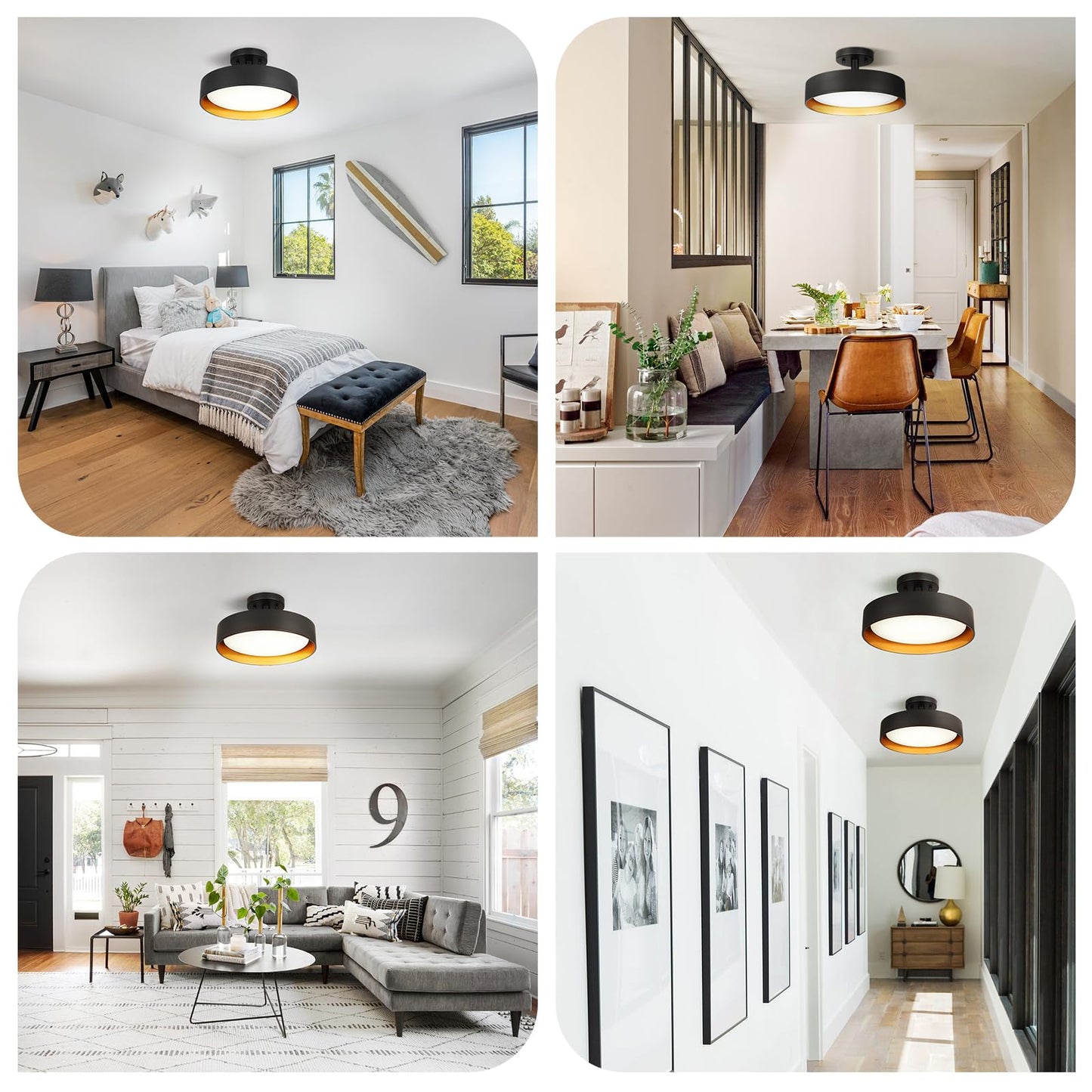 SunRider Semi Flush Mount Ceiling Lights, 12 Inch 25W LED Ceiling Light Fixture Black for Hallway Kitchen, Gold Inside, 5000K Daylight White, Dimmable