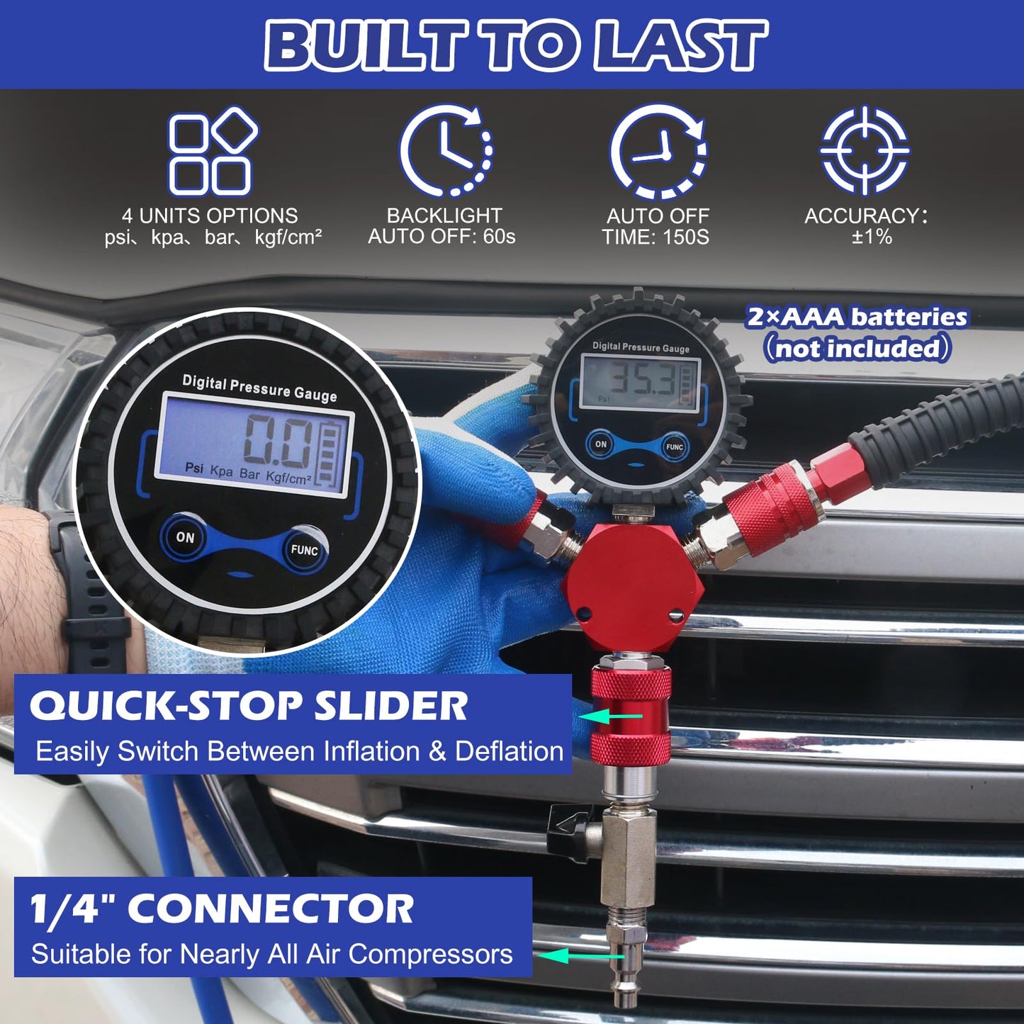 4 Tire Inflation Deflation System, Fits Up to 125" Wheelbase, Rapid High Flow 4 Way Tire Inflator Hose Kit, Universal Tire Pressure Equalizer Kit with Manifold, Digital Gauge, and Storage Bag