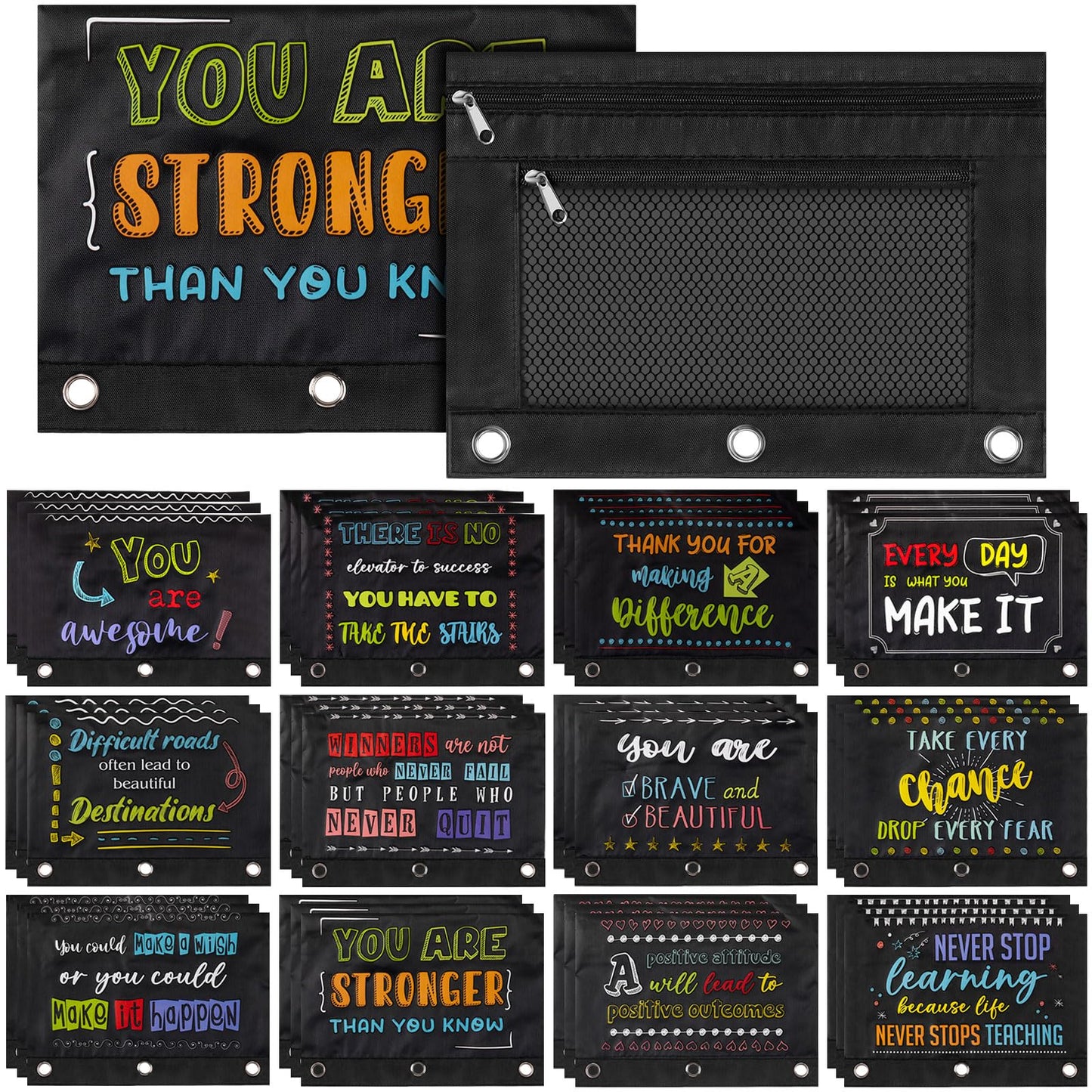 Honoson 36 Pieces Pencil Pouch for 3 Ring Binder Bulk Inspirational Pencil Pouch Double Zip Zipper Pencil Bag for Classroom Binder Cosmetic Bag Pencil Folder Case for School Students Teacher Supplies
