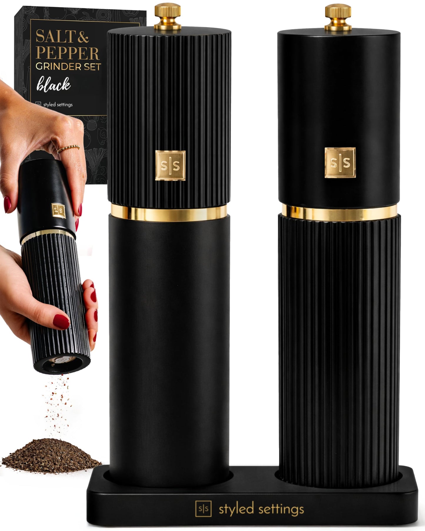 Wooden Salt and Pepper Grinder Set – Refillable Manual Salt and Pepper Mills with Adjustable Ceramic Burrs, Gold Detailing, and Wood Stand – Dark Wood