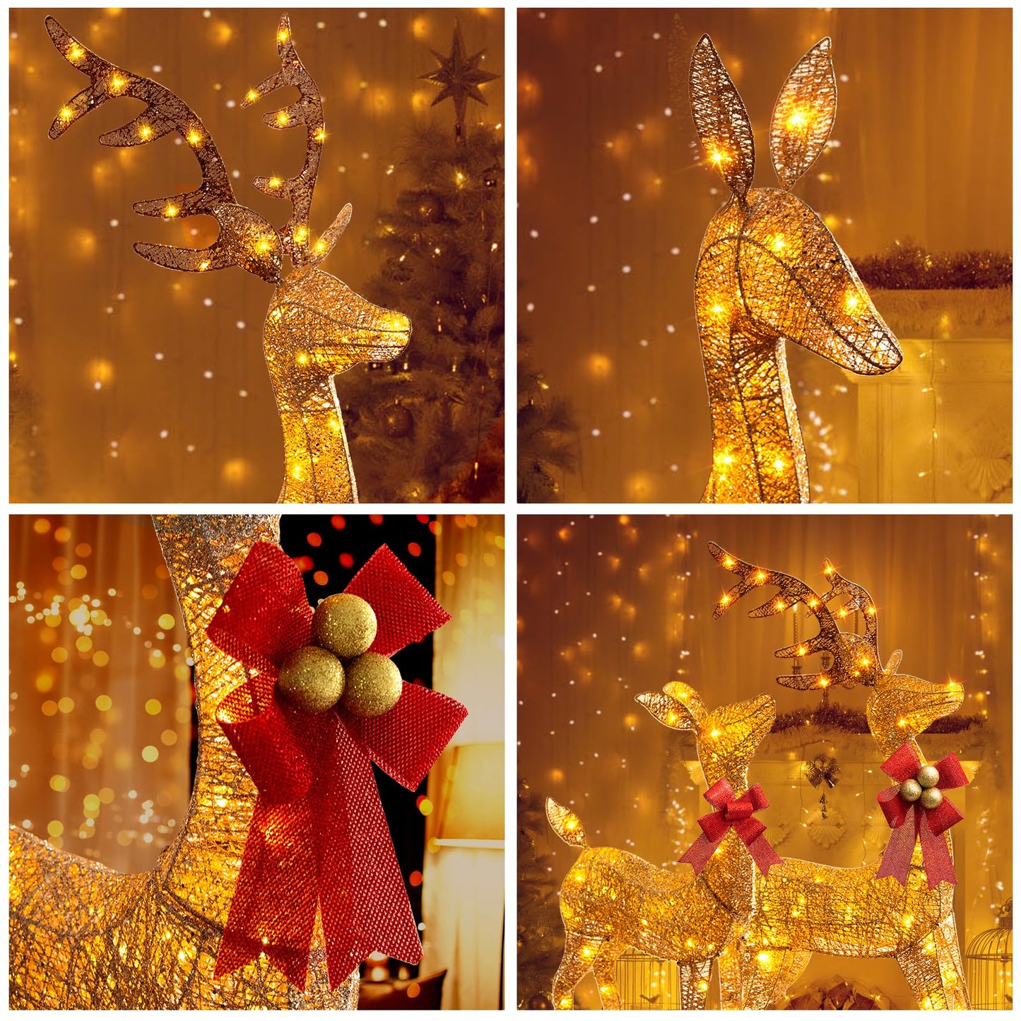 3Pcs Large Lighted Reindeer Christmas Decorations, 3D Yard Deer Decor Family Set for Indoor or Outdoor Yard Art- with 210 Warm White LED Lights,Ground Stakes,Zip Ties