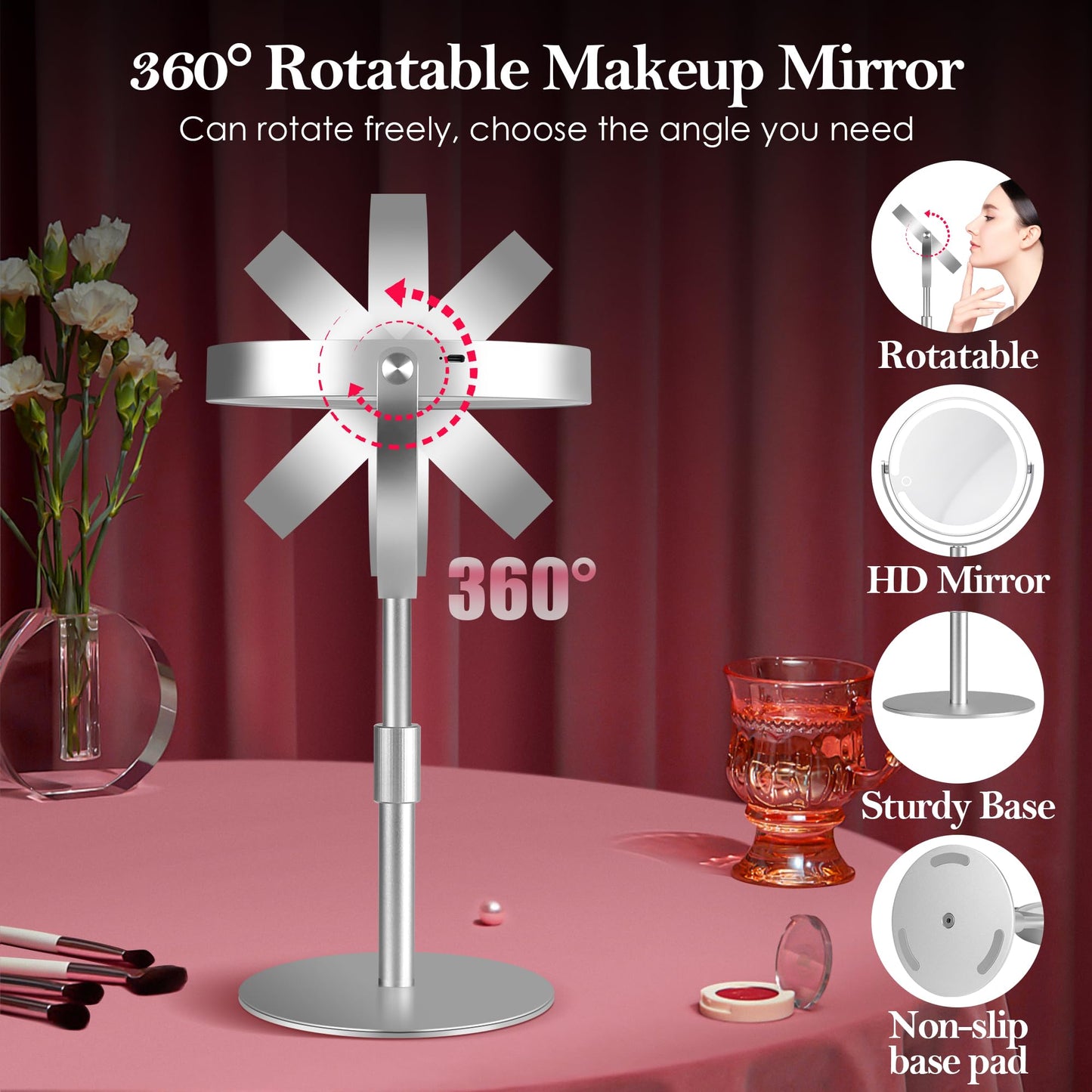 PEDOMIROR Magnifying Mirror with Light, Lighted Make Up Mirror 20x, Rechargeable 2000mAh Led Makeup Mirror, Height & Brightness Adjustable Desk Makeup Mirror, 360°Rotation & Touch Screen (Silvery)