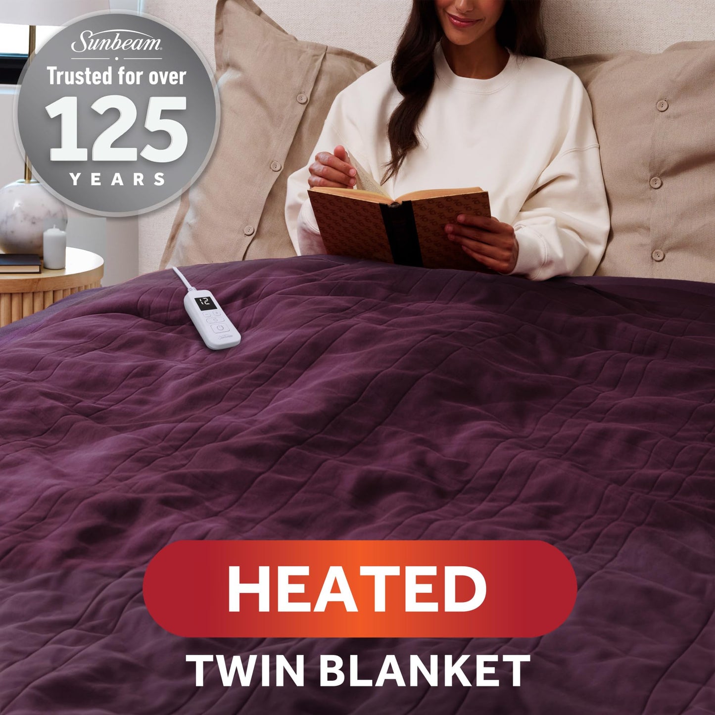 Sunbeam Royal Ultra Fleece Heated Electric Blanket Twin Size, 84" x 62", 12 Heat Settings, 12-Hour Selectable Auto Shut-Off, Fast Heating, Machine Washable, Warm and Cozy, Claret