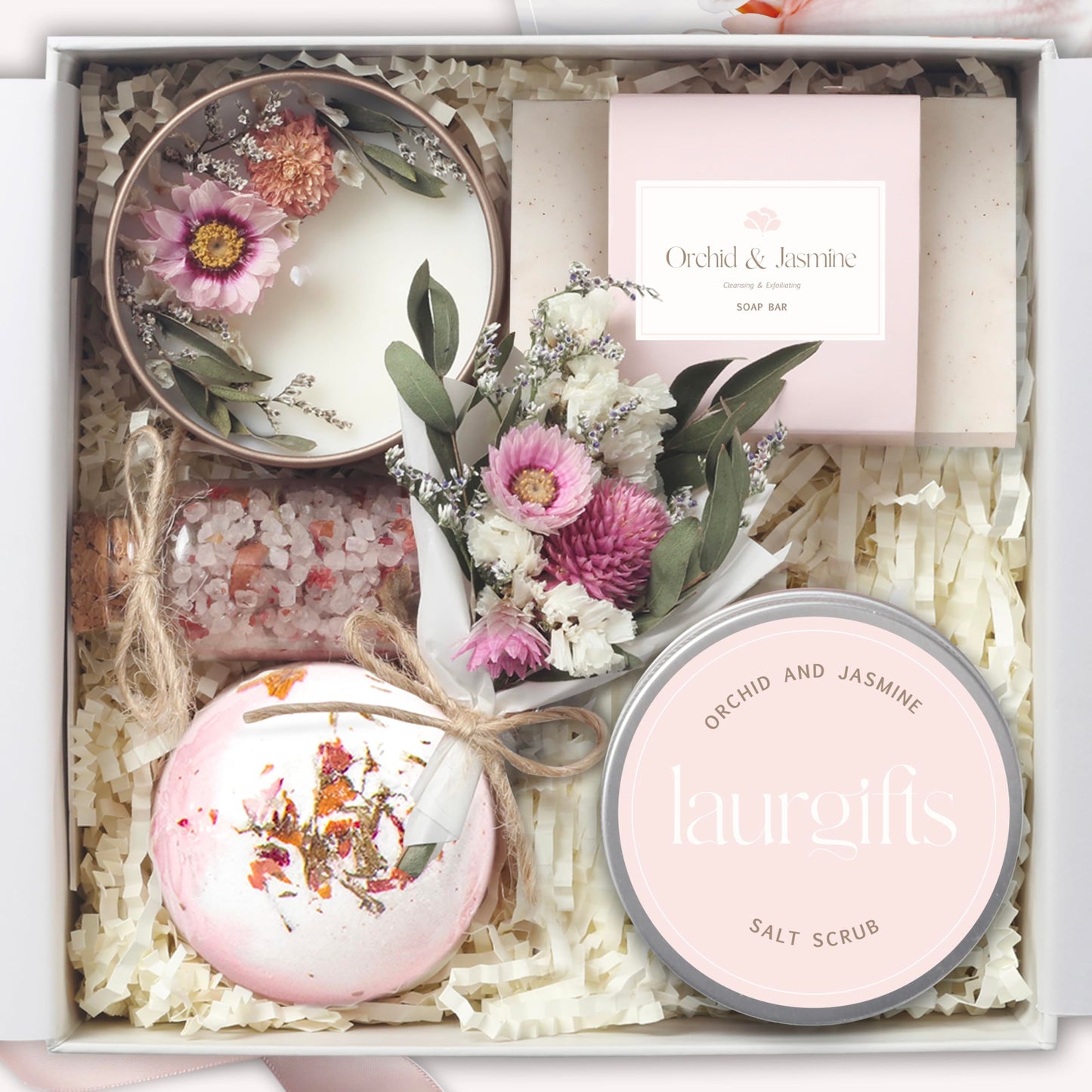 LaurGifts Orchid & Jasmine Spa Gift Set for Women – Luxurious Valentine's Day Spa Gift Baskets for Women – Perfect Birthday Gifts for Women, Gifts for Mom, Wife, Sister, Friend, Bath Gifts for Women