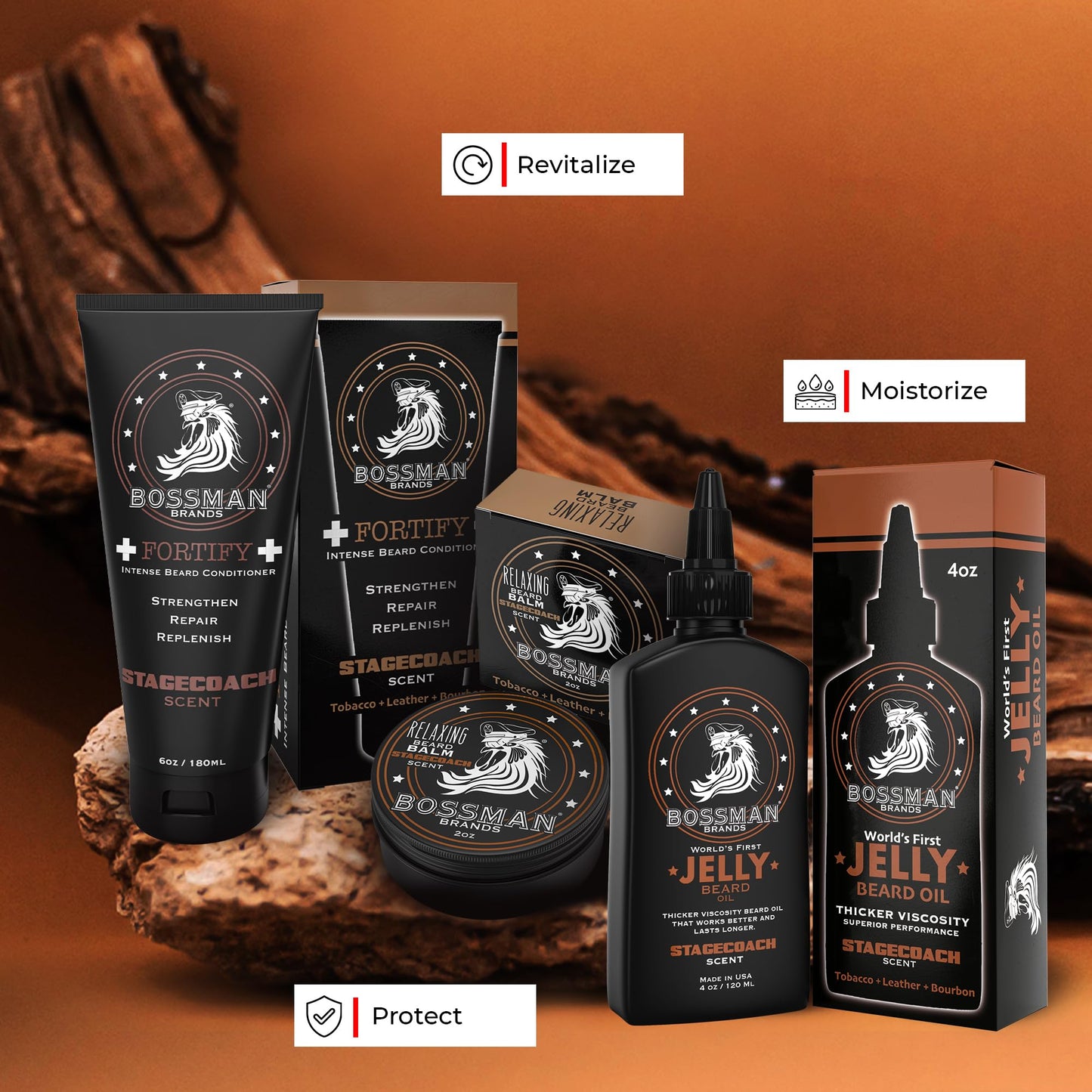 Bossman Essentials Beard Kit for Men – Beard Oil Jelly, Fortifying Conditioner Cream & Beard Balm – Grooming Care Accessories (Stachecoach Scent)