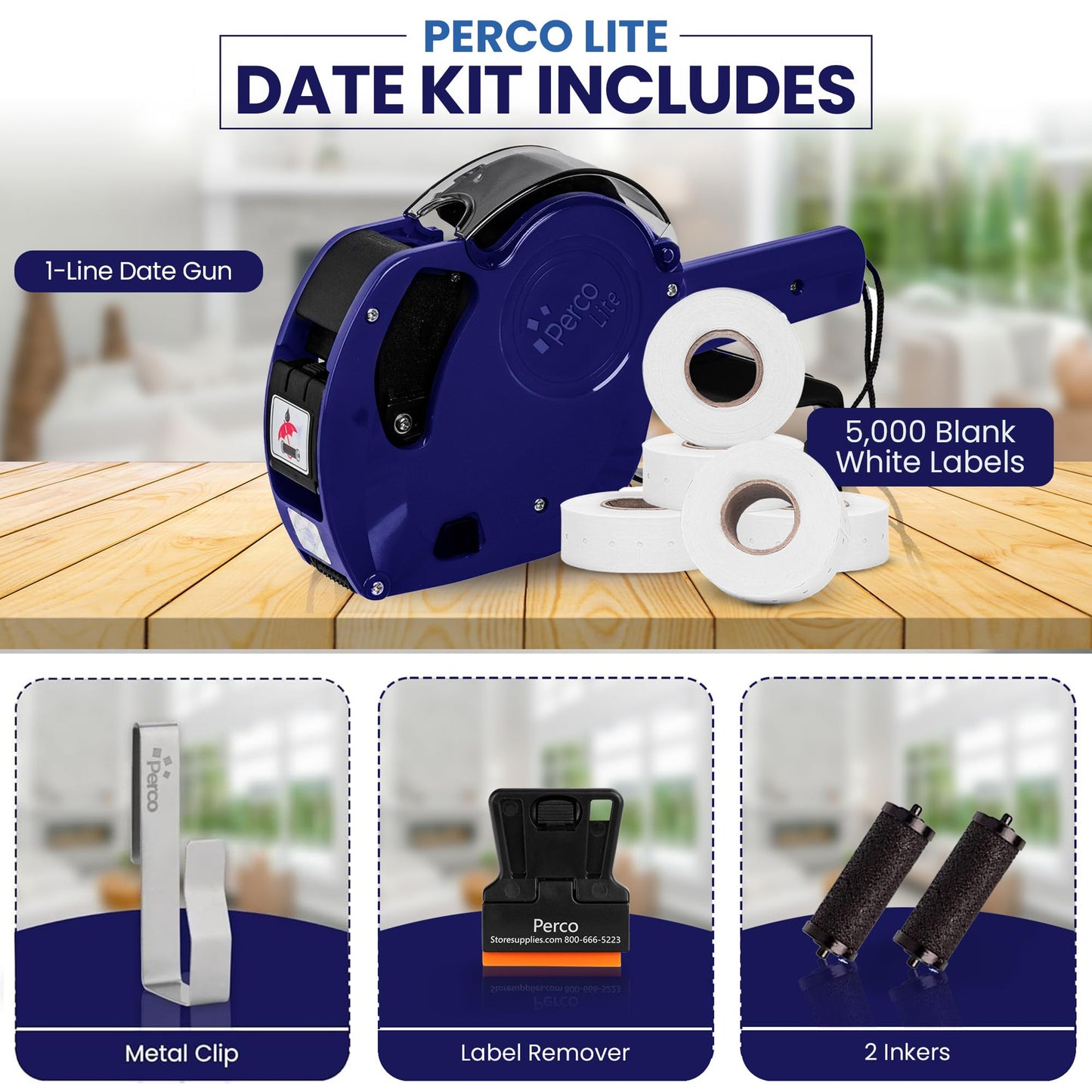 Perco Lite 1 Line Date Gun Kit for Retail Business – Includes 5 White Rolls, Gun Clip & Ink Rollers – Pre-Loaded w Labels & Ink