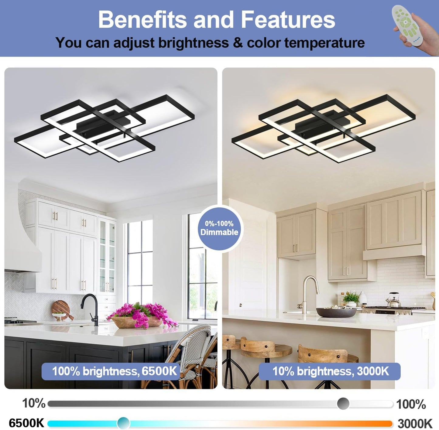 ASDMD Modern LED Ceiling Light 31.5" Dimmable Black Ceiling Light Fixture with Remote Control Square 54W 3000K-6500K Ceiling Lamp for Kitchen, Living Room, Bedroom