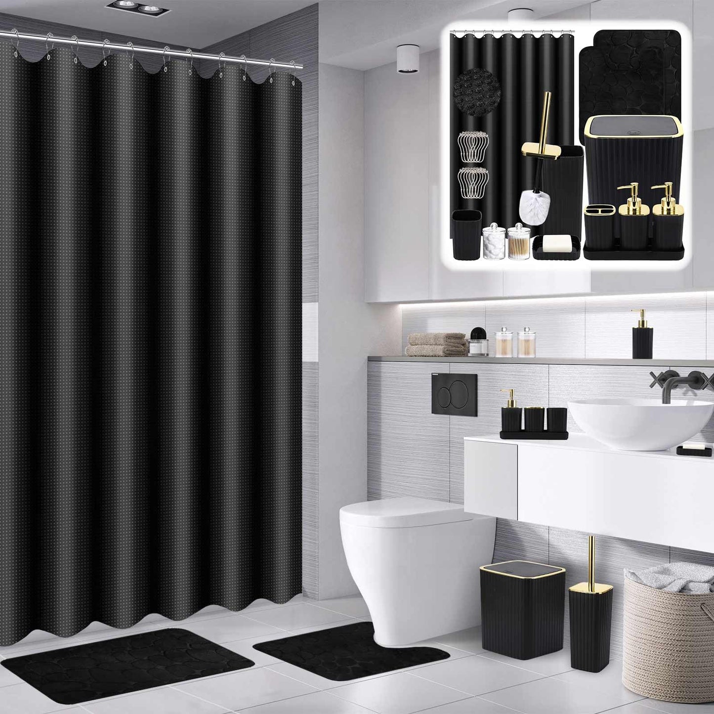 XLHOMO Bathroom Set with Shower Curtain and Rugs- 25PC Bathroom Accessory Set, Black Shower Curtain Set, Toilet Brush, Trash Can, Qtip Holder & Soap Dispenser