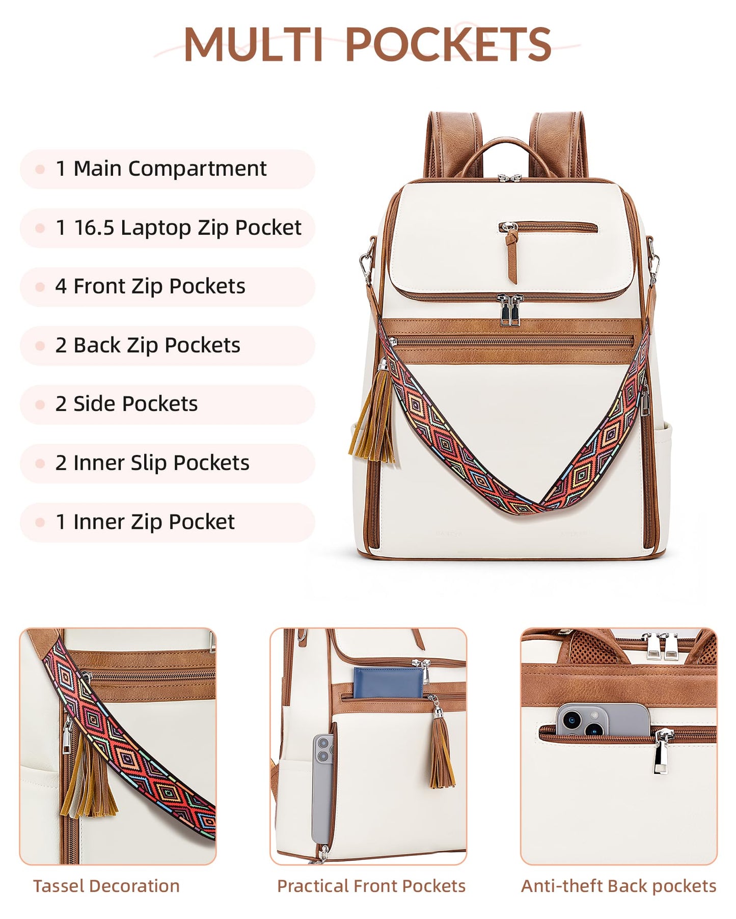 SYTRAH Leather Laptop Backpack for Women Designer Laptop Bag, 16.5 inch Travel Computer Backpacks Purse with Tassel for Work Business with Satchel Purse Beige Brown