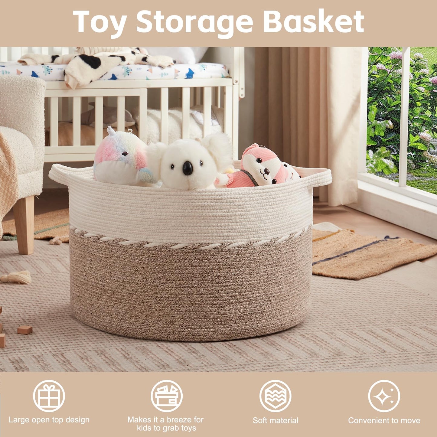 OIAHOMY 125L Extra Large Blanket Basket, 25" x 16", Jumbo Laundry Hamper, Cotton Rope Basket with Handles for Living Room,Baby Toy Storage Bins, Brown