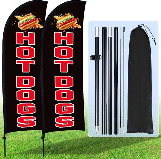 Buryeah 2 Sets Hot Dogs Feather Flag Kit 7 x 5.4 ft Hot Dogs Swooper Flag Pole Kit with Pole Ground Stake and Portable Bag Hot Dog Sign for Restaurant Advertising Business Outside Ground (Black)