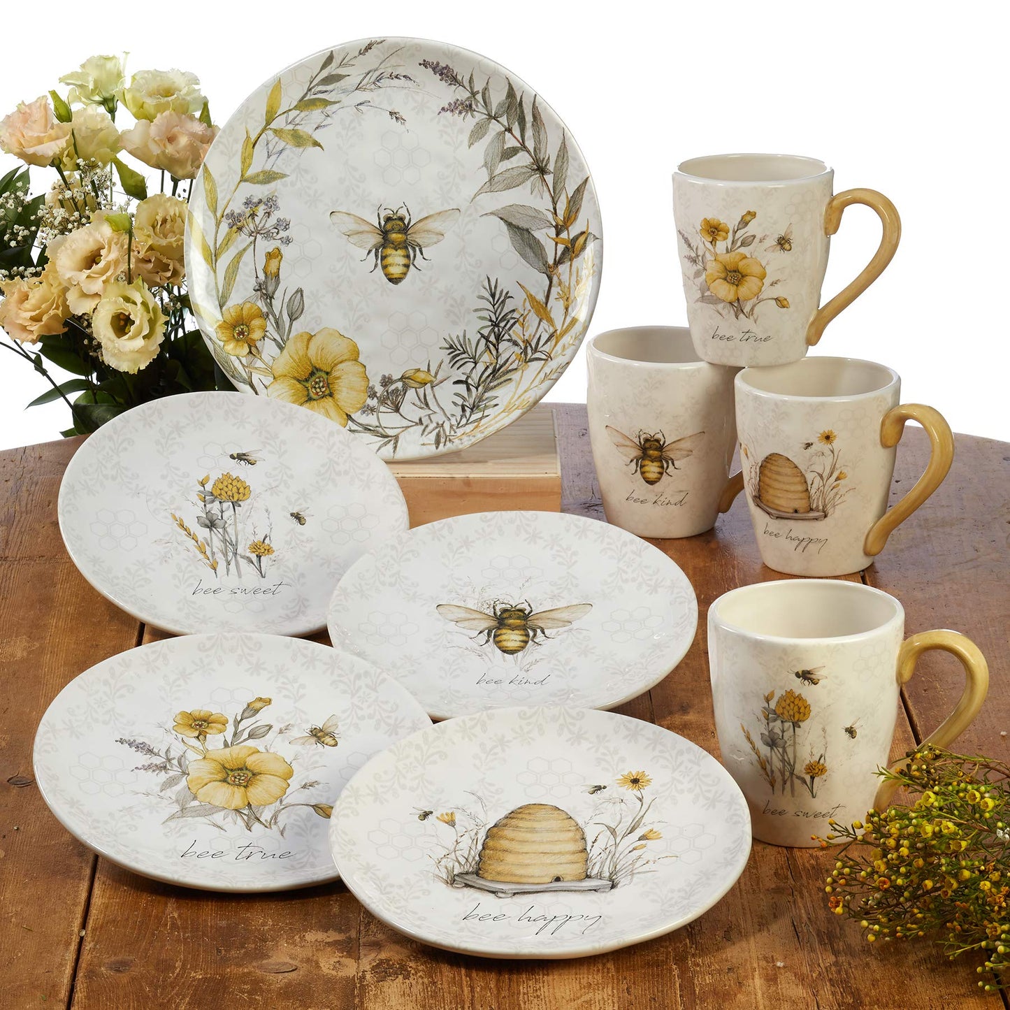 Bee Sweet Set of 4 Large Ceramic Mugs – 22 oz Coffee, Tea, Hot Cocoa Cups with Farmhouse Bee & Floral Design, Rustic Oversized Mugs with Comfort Handle – Microwave & Dishwasher Safe