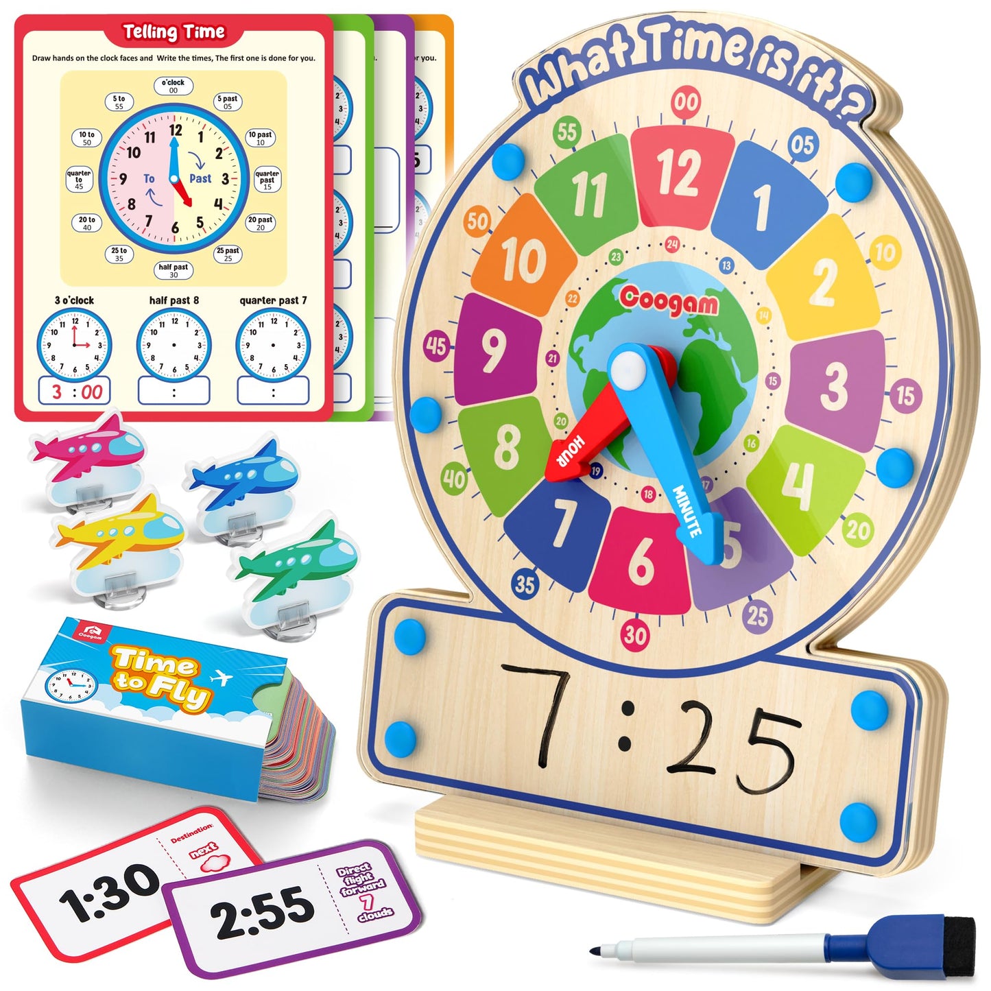 Coogam Wooden Clock Teaching Time Toy, Analog Digital Clock with Fly-Telling Board Game, Learning Educational Toy for 3 4 5 Year Old Homeschool Classroom Kids
