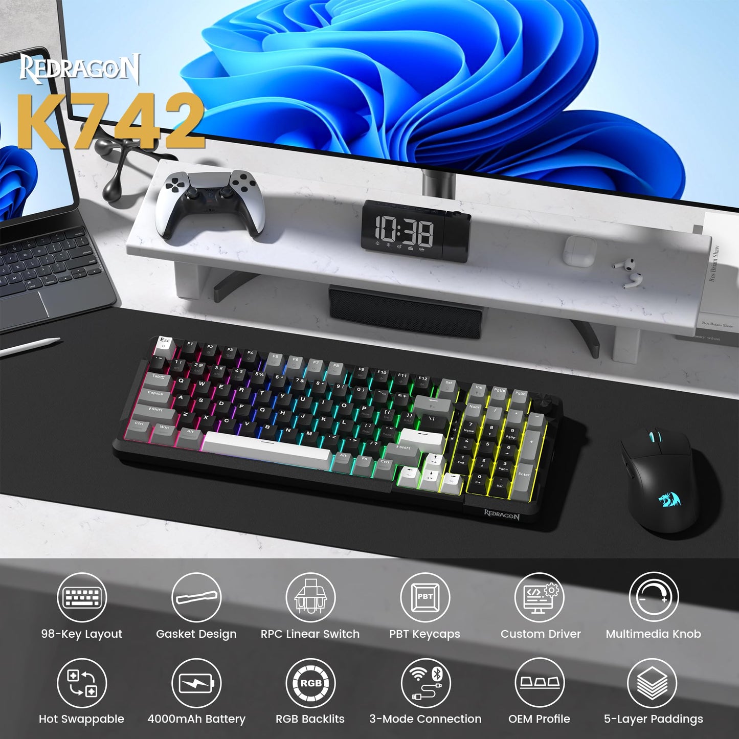 Redragon K742 Wireless Mechanical Gaming Keyboard with Knob, Bluetooth 5.0/2.4GHz/USB C Wired Creamy Keyboard with Number Pad for PC Computer, RGB Backlits, Hot-Swappable with Linear Switches (Black)