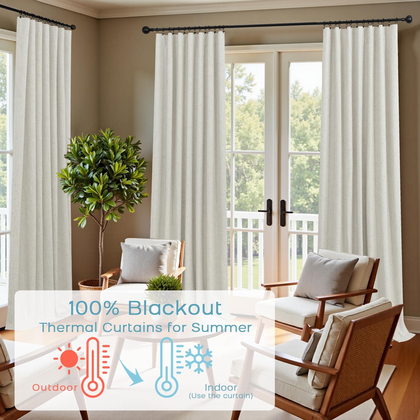 Extra Wide 70 Inch Linen Soundproof Blackout Thermal Curtains for Summer Heat, Noise Reducing Insulated Black Out Sliding Door Curtain for Bedroom 84 Inch Long,Living Room Drapes 84 Length 2 Panel Set