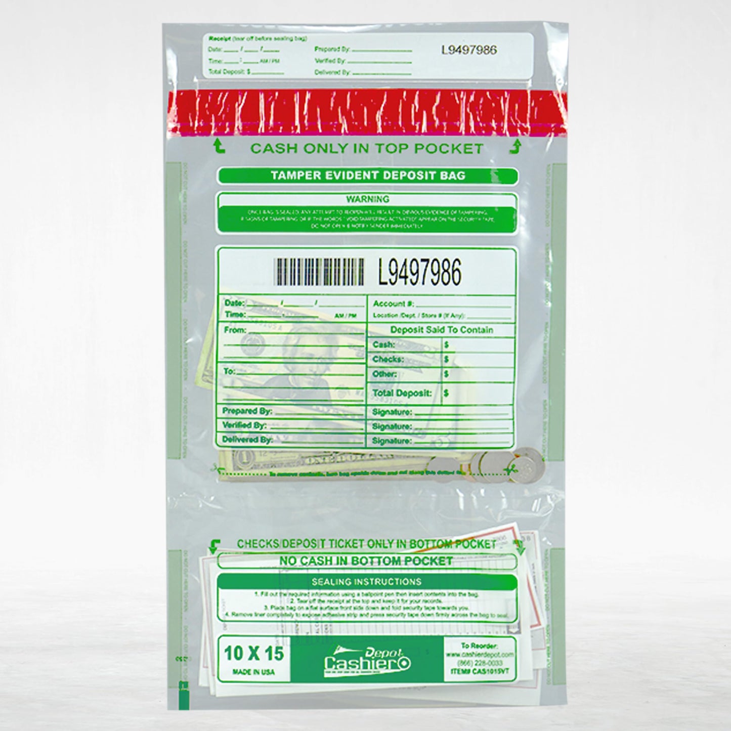 100 Cashier Depot Tamper Evident Bank Deposit Bags, 10" x 15" Clear, Twin Pockets, Serialized Numbering, Barcode, Press & Seal Void Closure Tape