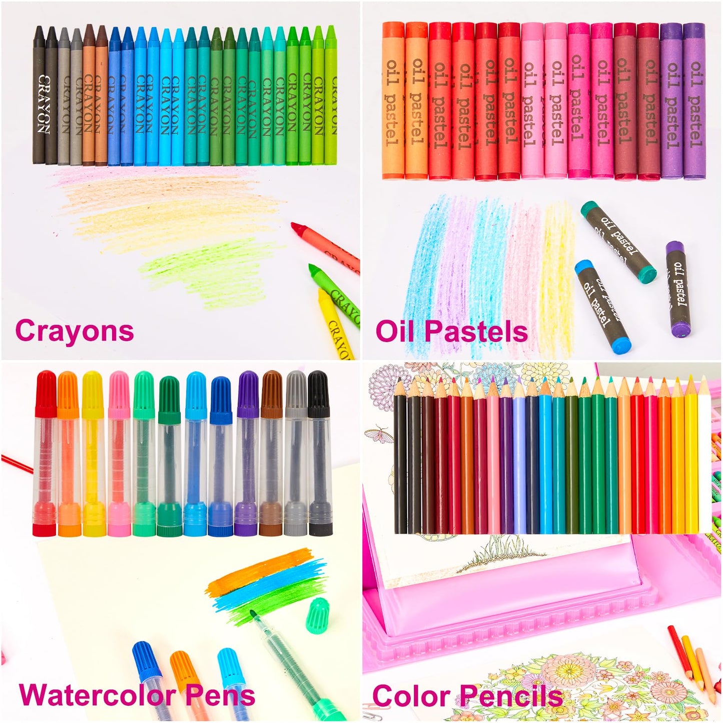 KINSPORY Art Kit, 290 Pack Art Set Crafts Drawing Kit for Kids, Double-Side Trifold Easel, Coloring Book, Sketch Pad, Pastels, Crayons, Pencils, Beginner Artists Gift (Pink)
