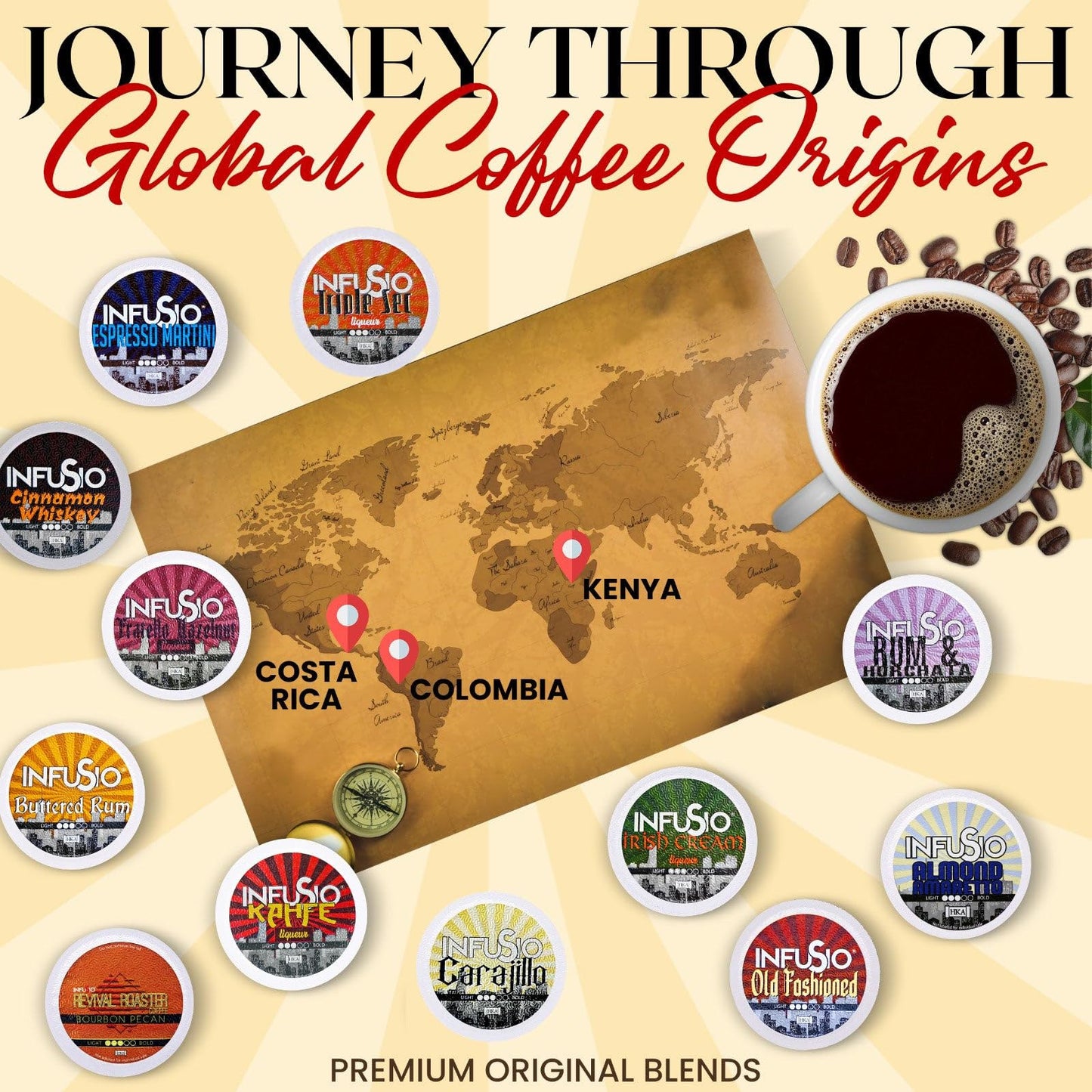 InfuSio Flavored Coffee Pods Variety Pack - 120 Count Flavored Medium Roast, 12 Curated Blends Inspired by Classic Cocktails, Compatible with Keurig K cups 2.0 Brewer