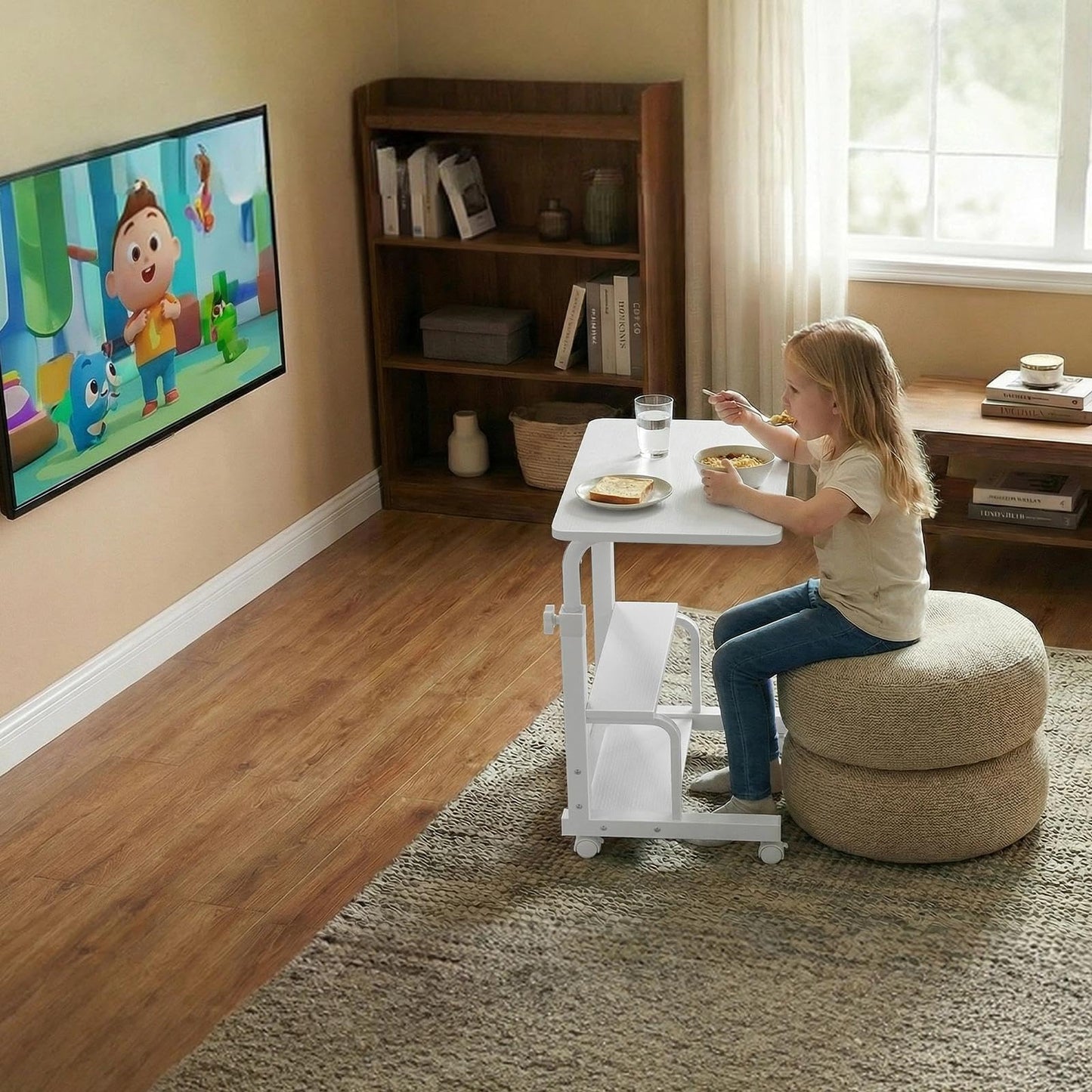 WINAZ Small Bedroom Laptop Rolling Desk - 24" White Mobile Kids Desk with Wheels for Small Spaces, Height Adjustable C Shaped Side Table with 2-Tier Storage Shelves