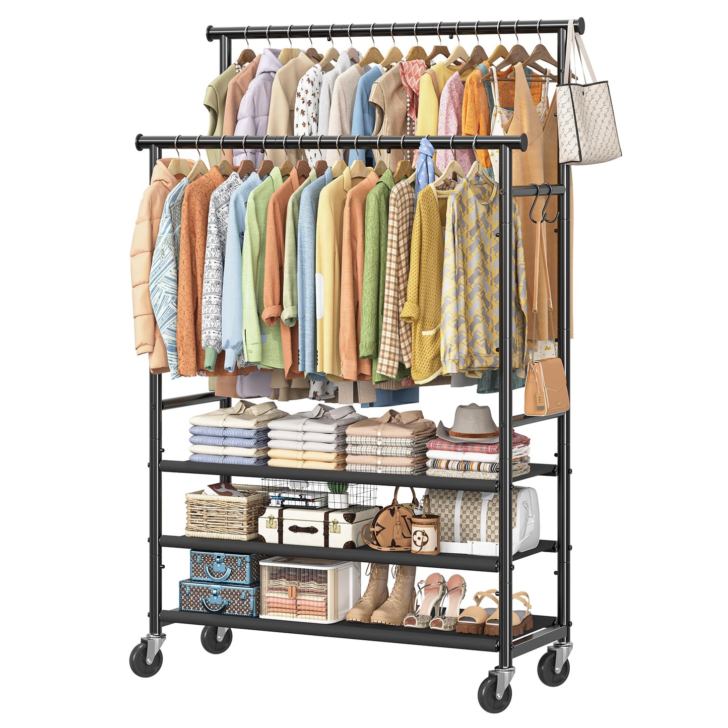 Ekisemio Double Rods Clothes Rack for Hanging Clothes, Rolling Clothing Rack with Wheels, 3-Tier Hanging Rack with Mesh Shelves, Holds 300 LBS for Bedroom, Laundry, Living Room, Black