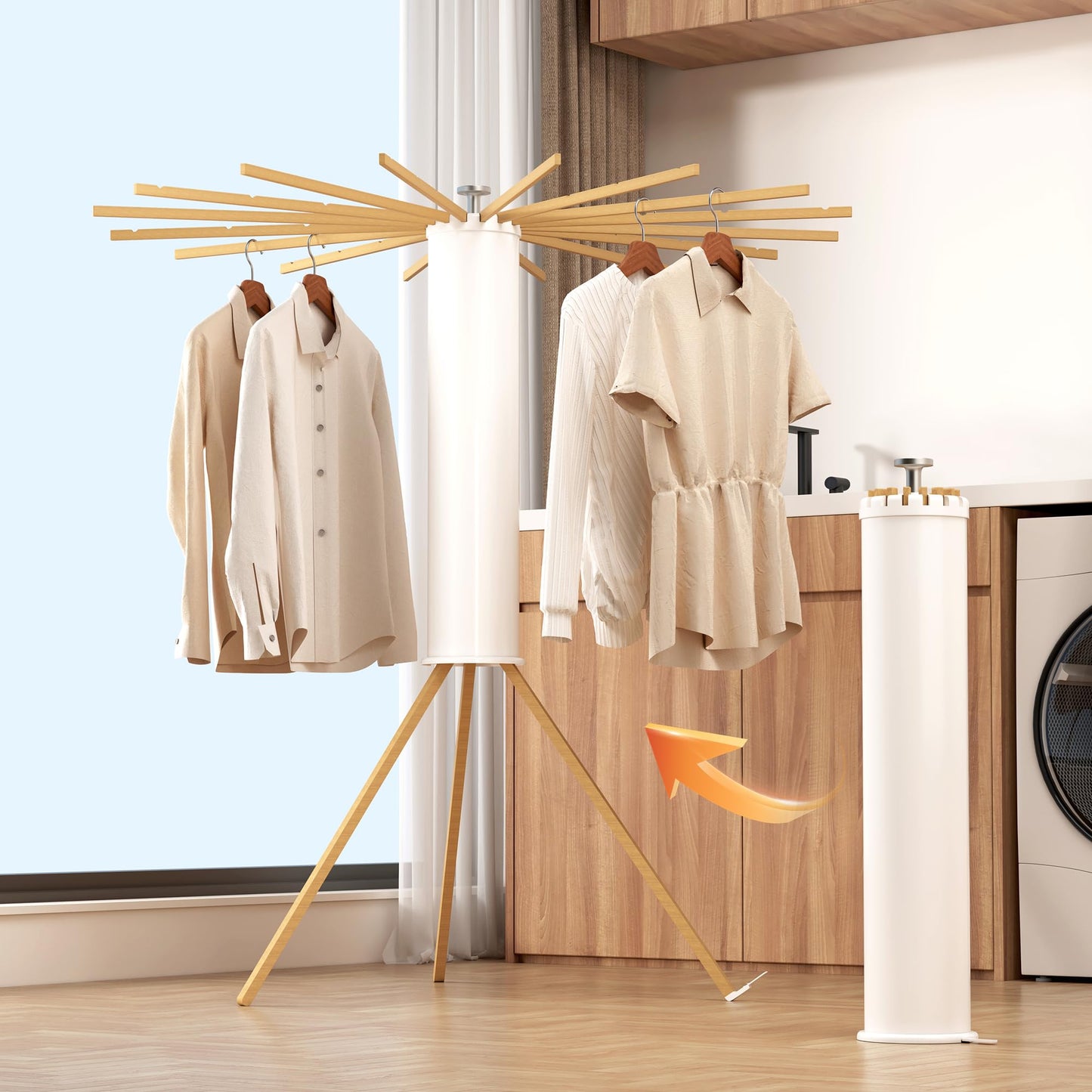 BAZANADI Heavy-Duty Wooden Tripod Clothes Drying Rack, 16 Rods, Large Capacity, 360° Airflow Umbrella Dryer, Foldable Space-Saving Floor Stand for Indoor Outdoor Use