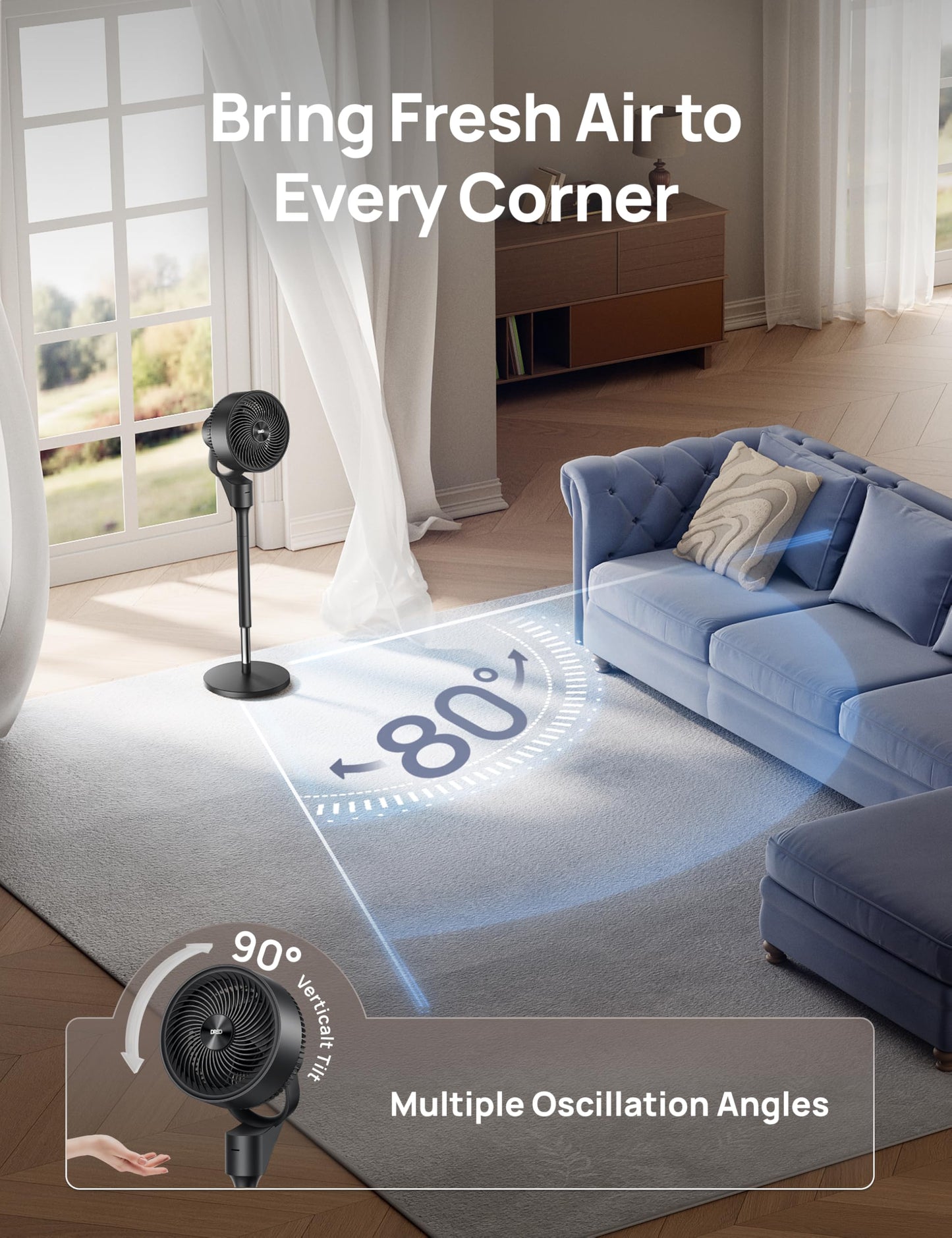 DREO Fan for Bedroom, 80° Oscillating Standing Fan, 20dB Quiet, 80ft Pedestal Fans for Home Office, 90° Manual Vertical, 3 Speeds, Remote, 34-41" Adjustable Height, Air Circulator