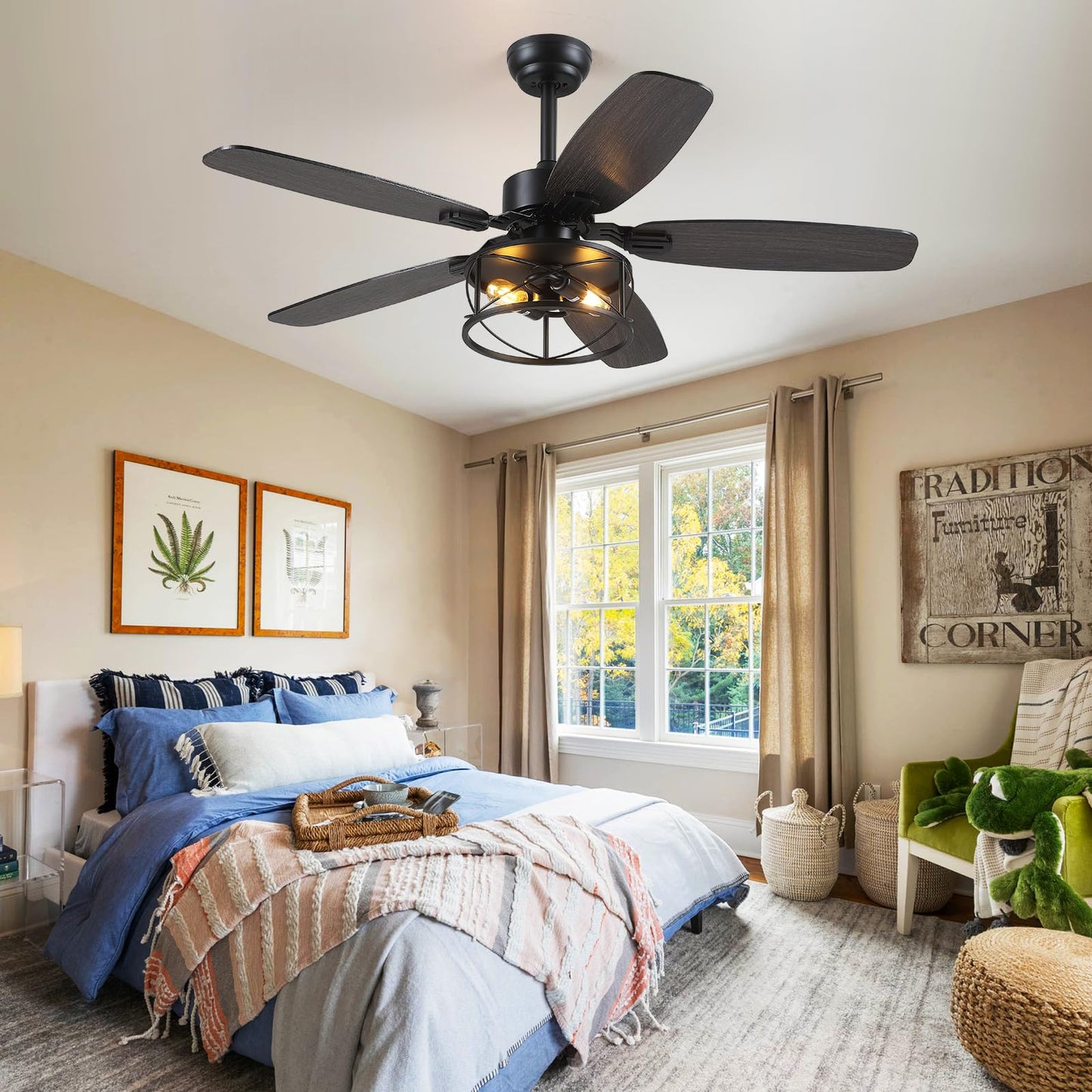 52" Black Ceiling Fan with Light & Remote, Timer, 5 Wood Blades - Rustic Flush Mount Fandelier, 6-Speed Reversible, Indoor/Outdoor for Bedroom, Living Room, Kitchen, Patio