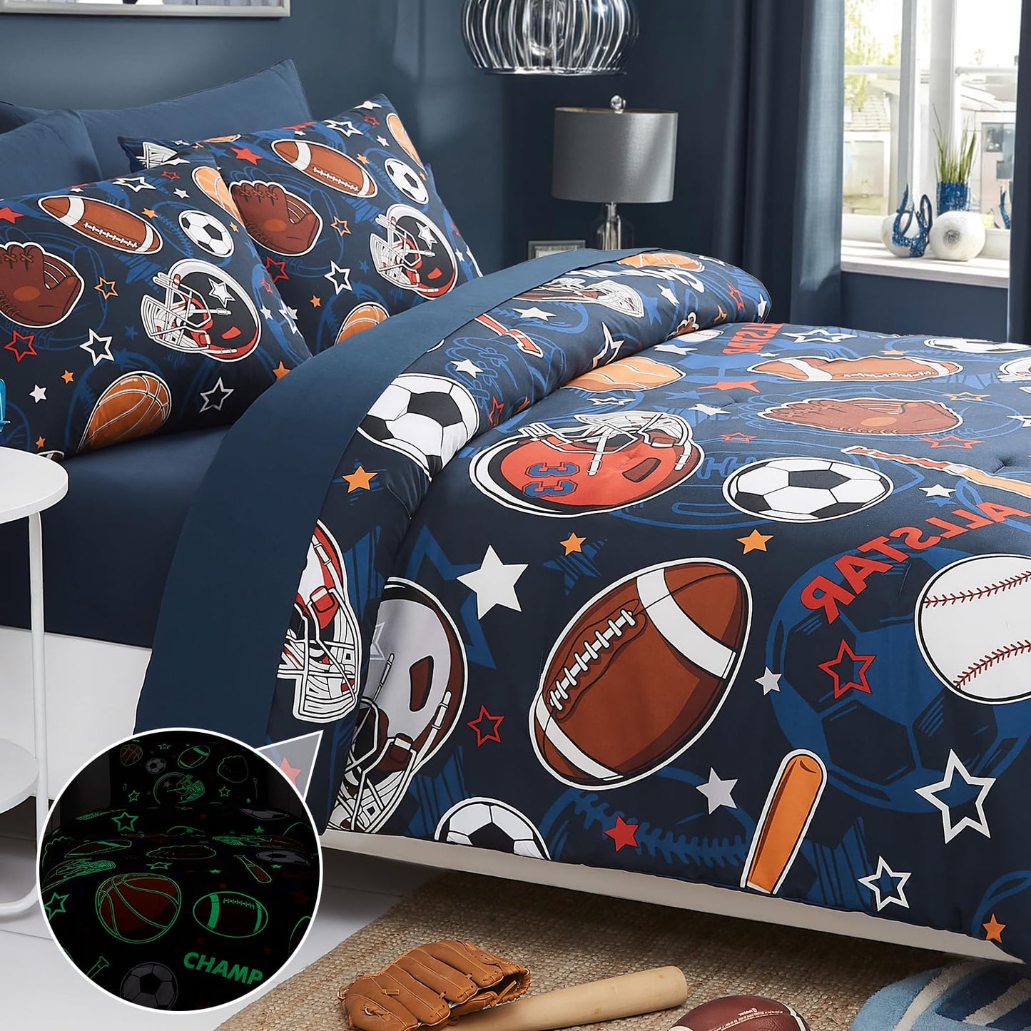 Wink Deer Twin Comforter Set for Boys-5 Pieces Sports Ball Games Glow in the Dark Twin Bedding Sets for Kids, Ultra Soft Bed in A Bag with Sheets