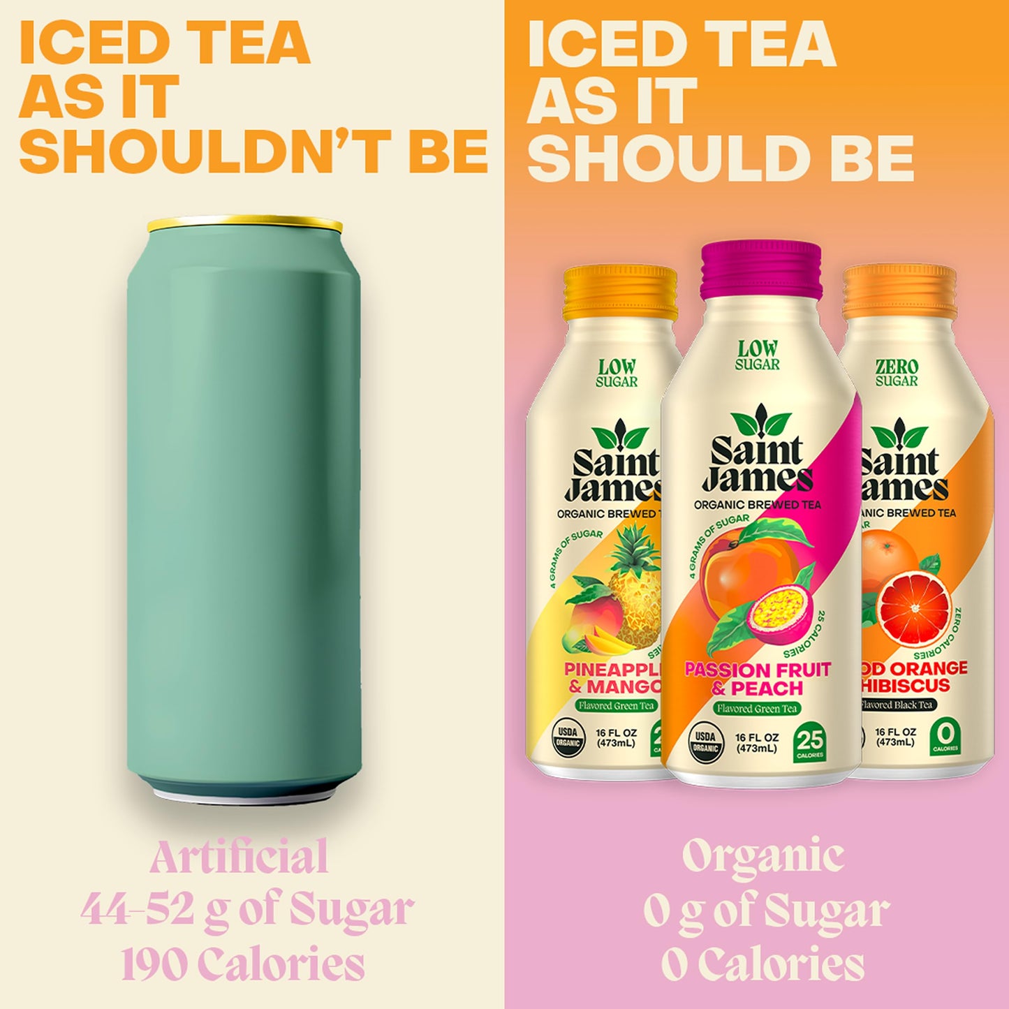 Saint James Iced Tea - Organic Green & Black Tea - Non GMO, Gluten Free, Low Calorie & Low Sugar - Paradise Variety Pack, 12 Pack (16 fl oz each)