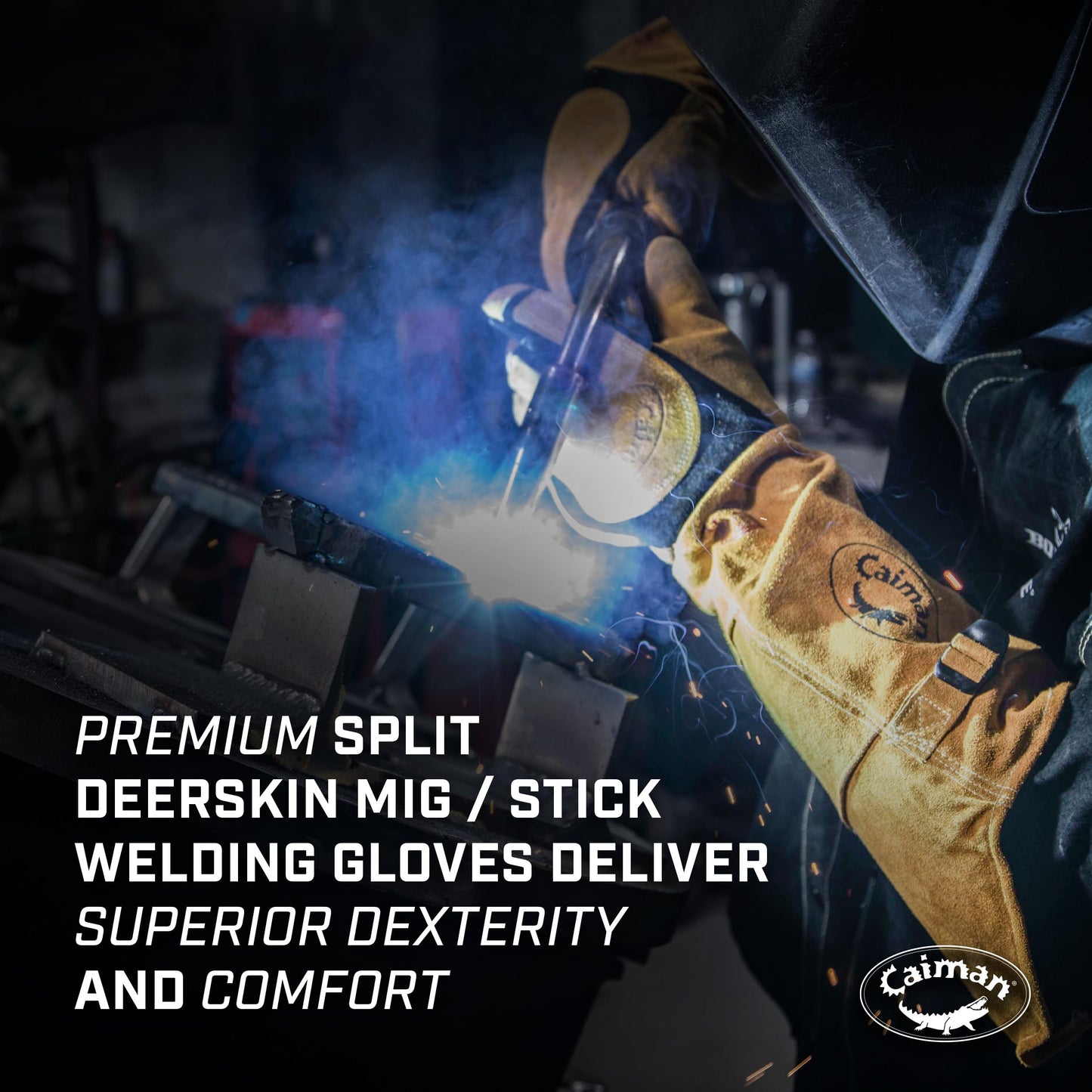 Caiman Premium Split Deerskin MIG/Stick Welding Gloves with Fleece/Foam Insulation, 21-inch length, Split Cowhide Leather Heat Shield Patch, Sock Lined Foam, Kevlar, Black/Gold, X-Large (1878-5)