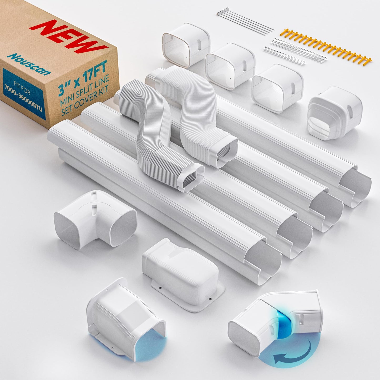 Nouscan Mini Split Line Set Cover: 3" 17Ft Line Set Cover Kit for Minisplit with Flexible Duct, Decorative Lineset Hide Cover Kit for Air Conditioner, HVAC, Heat Pumps, Central AC Pipe, White