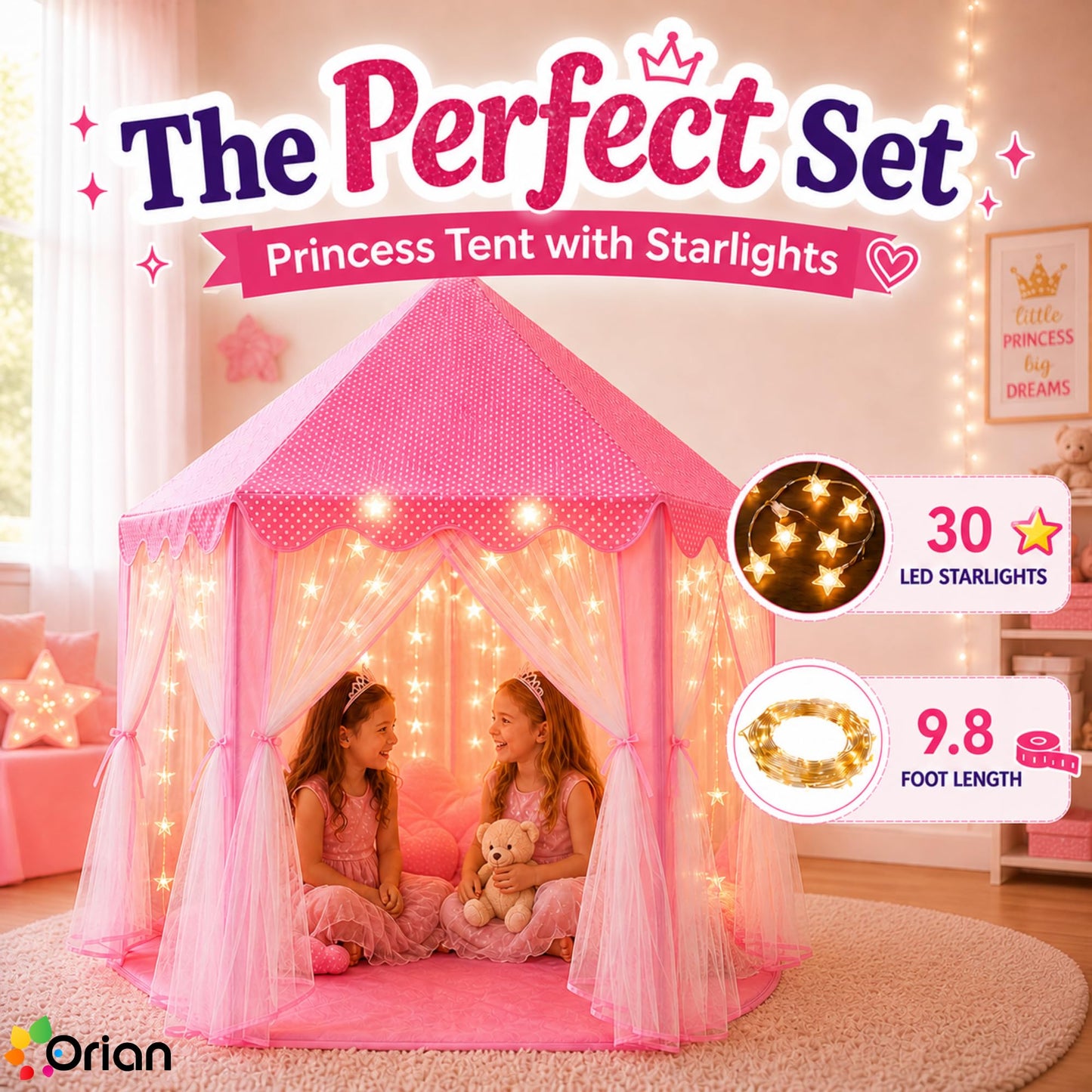 ORIAN Princess Castle Playhouse Tent for Girls with LED Star Lights – Indoor & Outdoor Large Kids Play Tent for Imaginative Games – ASTM Certified, Princess Tent, 230 Polyester Taffeta. Pink 55"x53".