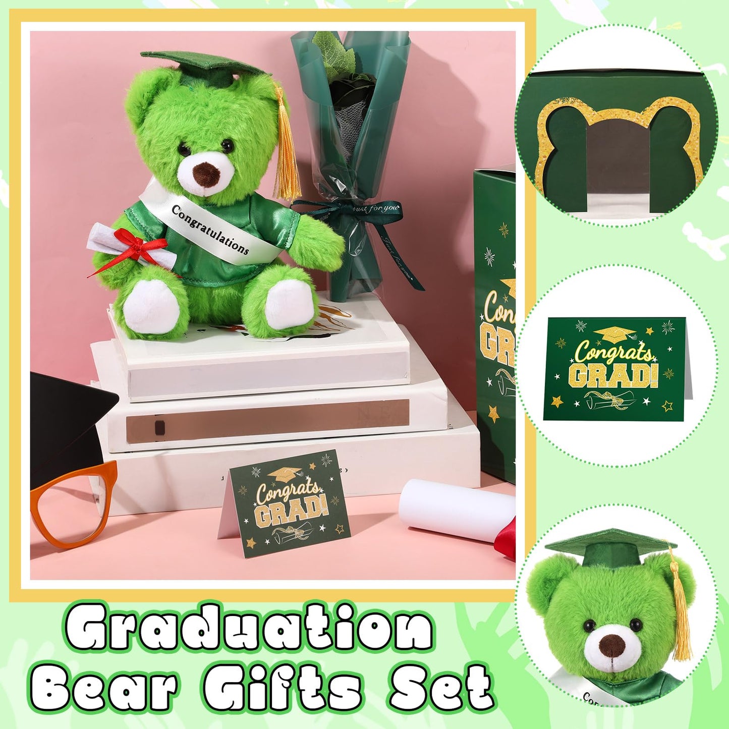 Hollowfly Graduation Bear Gifts Set Include Graduation Bear of 2026 Stuffed Animal with Cap and Gown, Artificial Flower, Graduate Gift Box with Window and Greeting Card for Him or Her(Green)