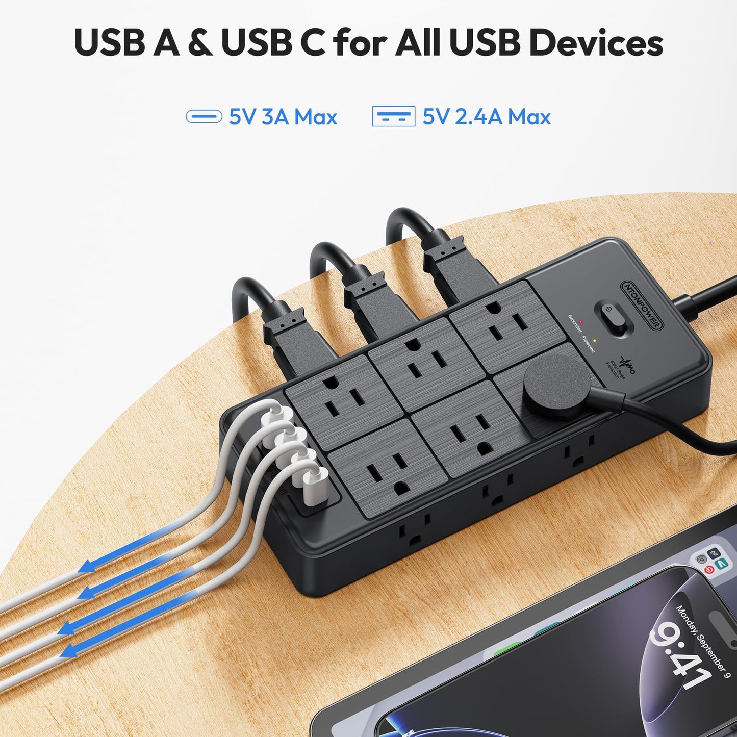 Surge Protector Extension Cord 15FT, NTONPOWER 4000J Surge Protector Power Strip with 12 Outlets & 4 USB Ports (2 USB C), 3 Side Outlet Extender, Wall Mounted Extension Cord for Home Office