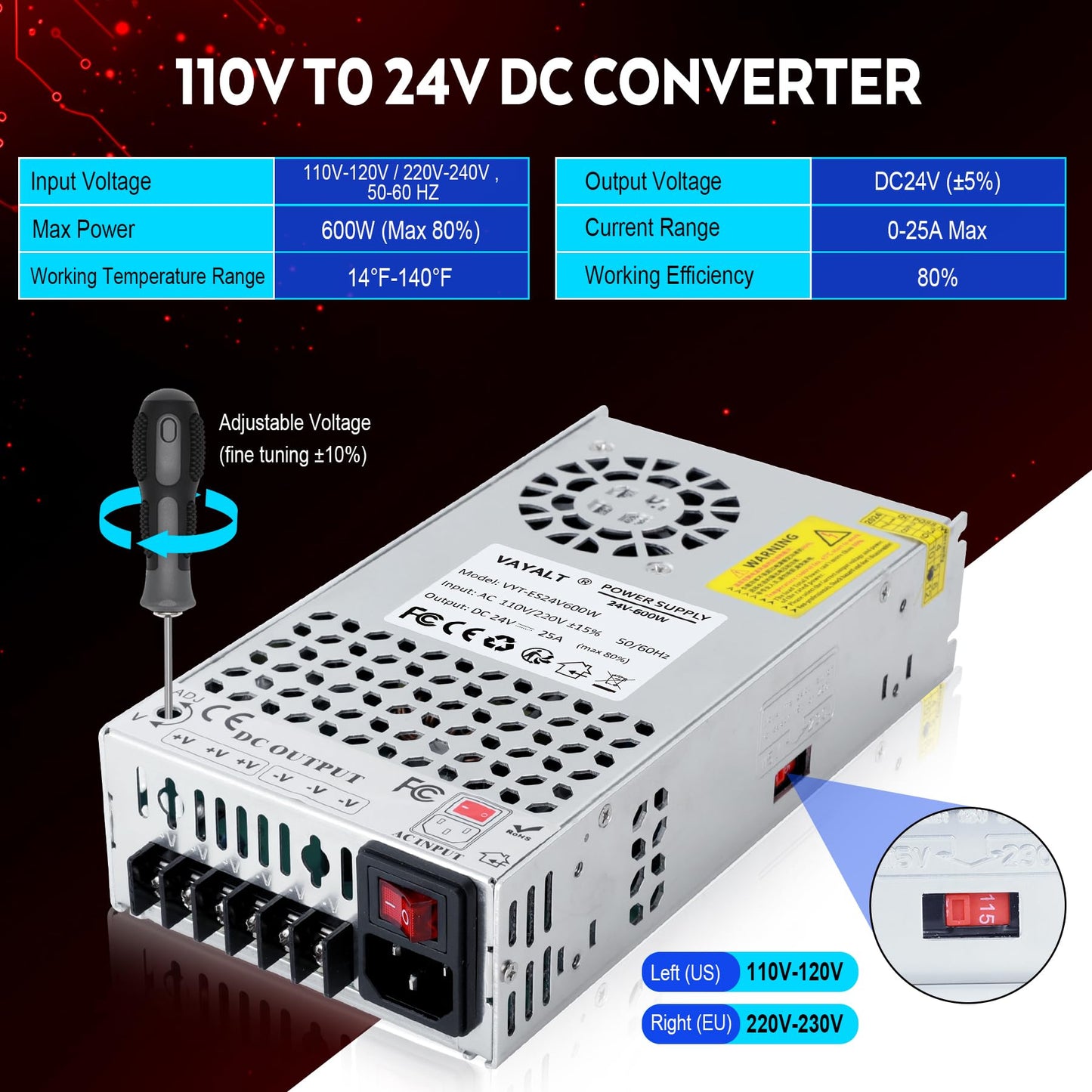 VAYALT 24V 25A 600W DC Switching Power Supply, Universal Regulated Switching AC 110V/220V to DC 24V Transformer, 24V Power Supply for Industrial, CCTV, Computer Project, 3D Printer, LED Strip Light