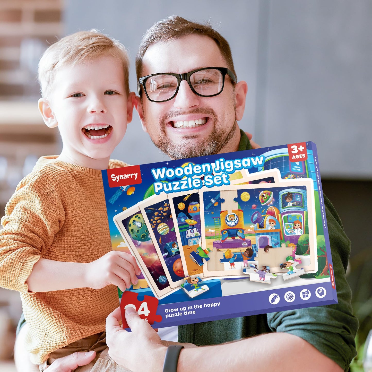 SYNARRY Wooden Space Planets Solar System Puzzles for Kids 3-5, 4 Packs 24 PCs Jigsaw Puzzles for Kids Ages 4-6, Preschool Toys Gifts for Kids, Wood Puzzles for 3 4 5 6 Year Old Boys Girls