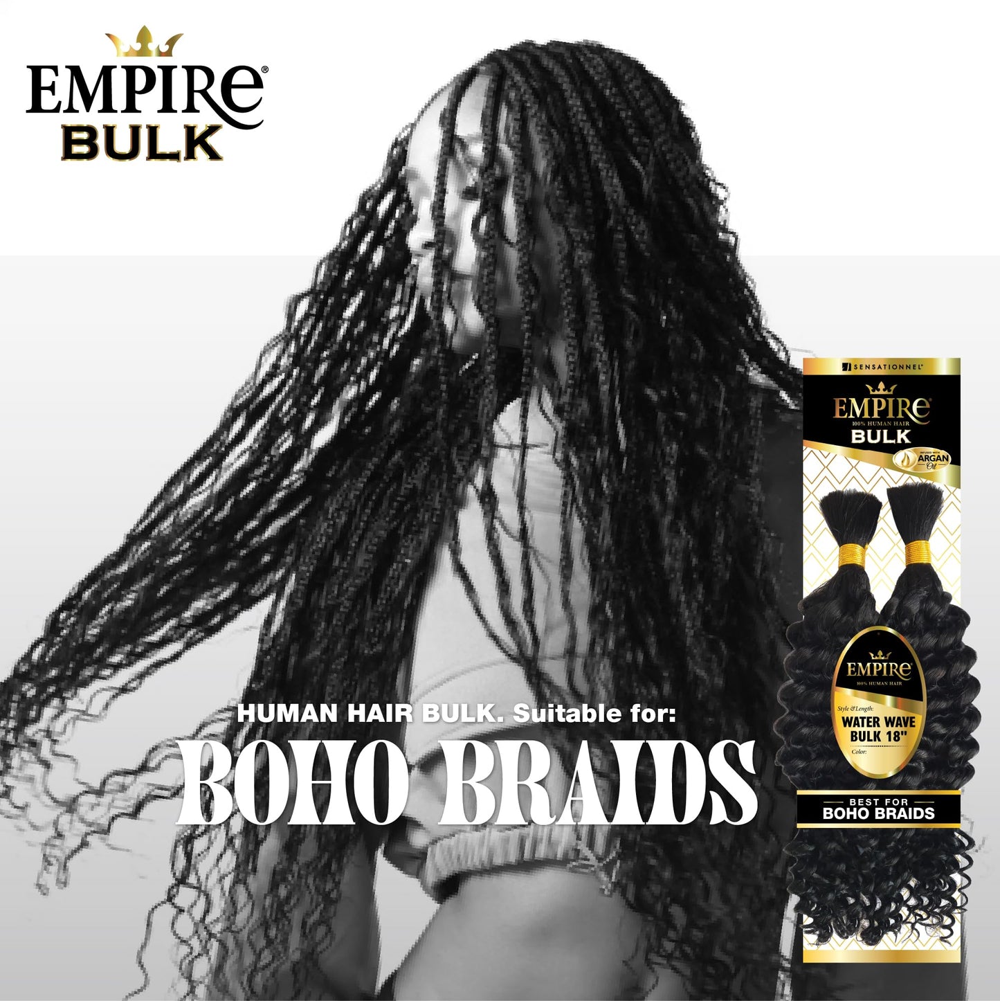 Sensationnel Empire bulk braiding – water wave 18 inch human hair braids for knotless boho box or curly loose wave styles - 1 pack (1B OFFBLACK)