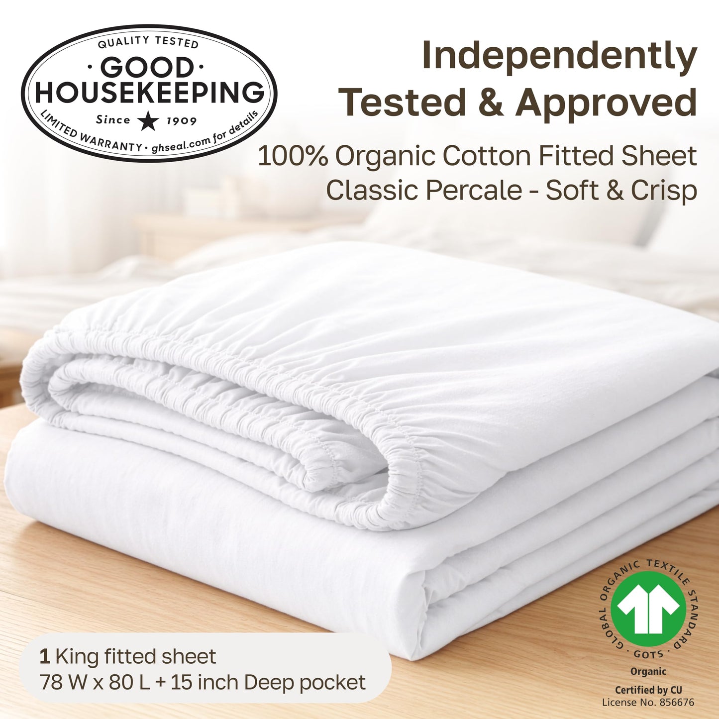 California Design Den 100% Organic Cotton King Fitted Sheet Only, Percale, Deep Pocket, Lightweight, Snug-Fit, All Around Elastic, 1 Pc Deep King Size Fitted Sheet - True Ivory