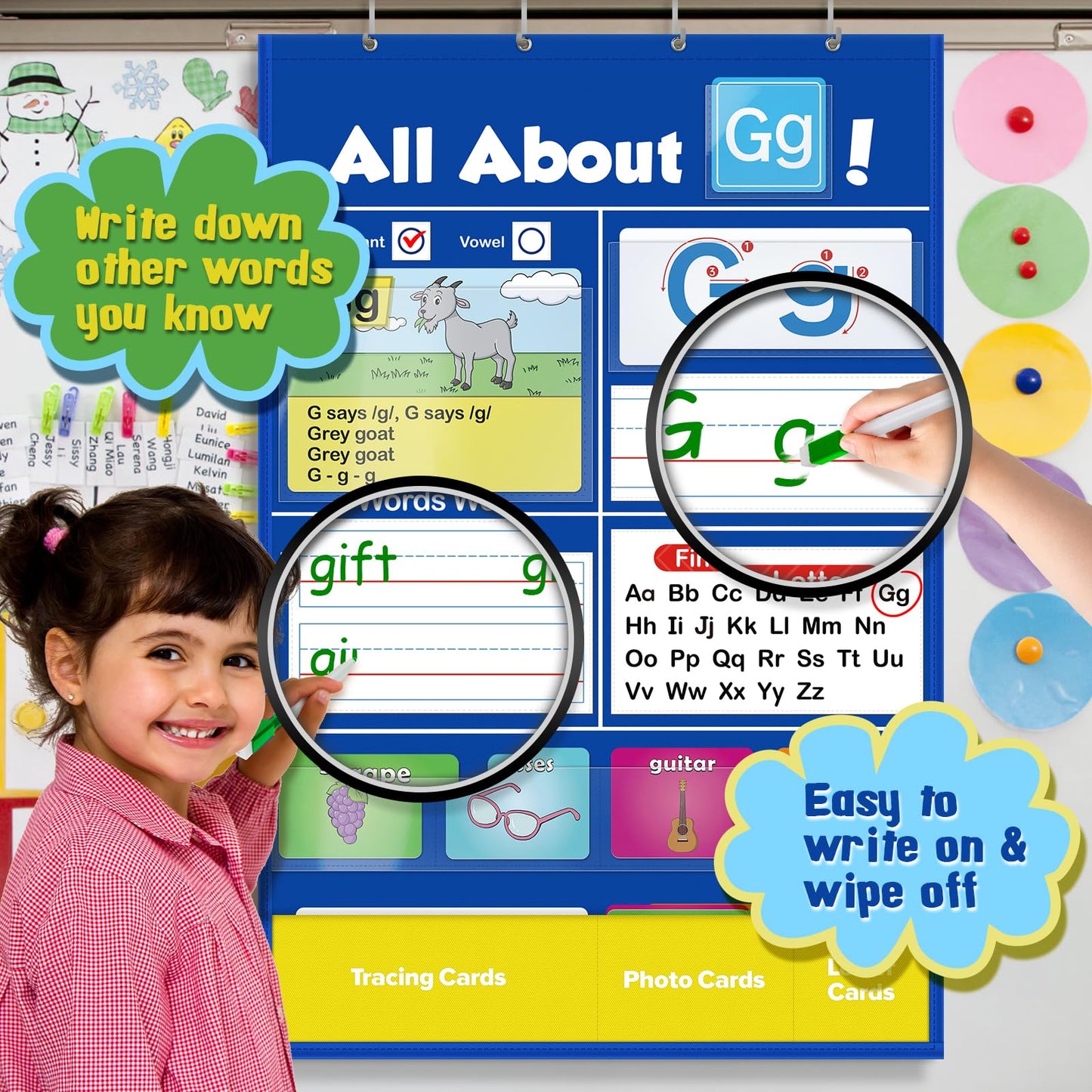 SkilLify Alphabet Learning Pocket Chart, Circle Time Learning Center Alphabet Flash Cards ABC Wall Chart Letter Game for Toddler Kids Homeschool Supplies Preschool Kindergarten Classroom Must Haves