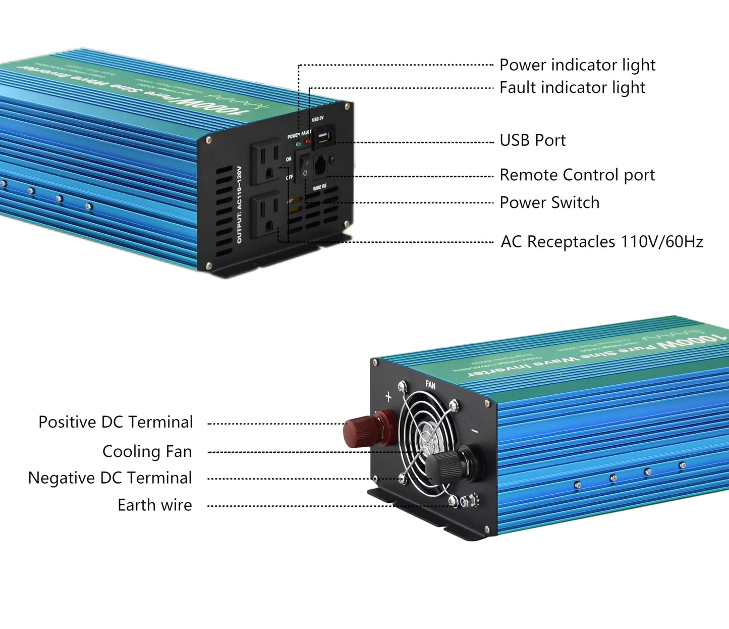 Fit4Less Pure Sine Wave Power Inverter 1000W DC12V to AC 110V with Dual sockets and USB, LCD Remote kit. (1000W)