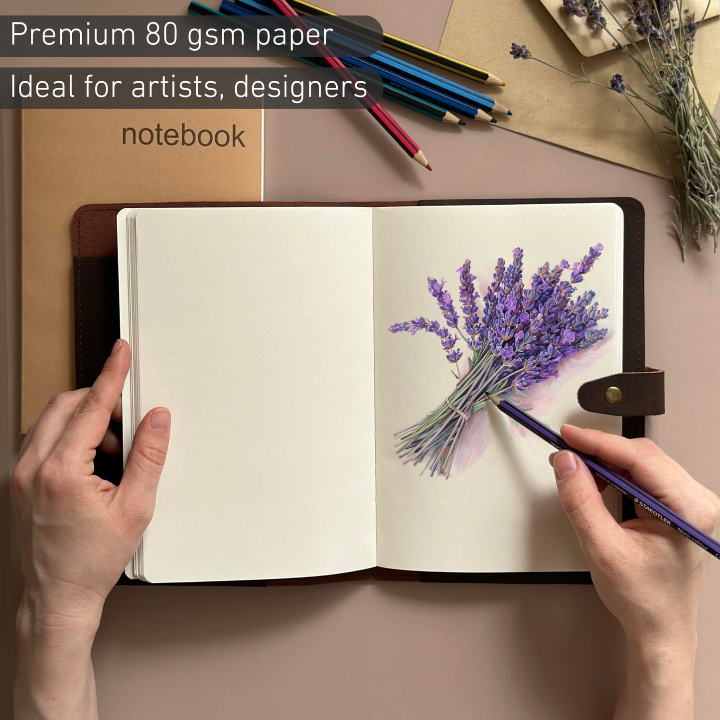 Le Vent Refillable Genuine Leather Journal, Writing Notebook, 2 Bound Notebooks, Lined and Blank, 200+200 Pages, A5 Cover, Handmade, for Poetry, Writers, Business, Work, Study, College, and Daily Notepad